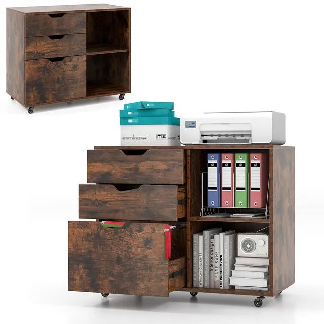 komfotteu-rollcontainer-3-schubladen-mit-regal-braun image 1