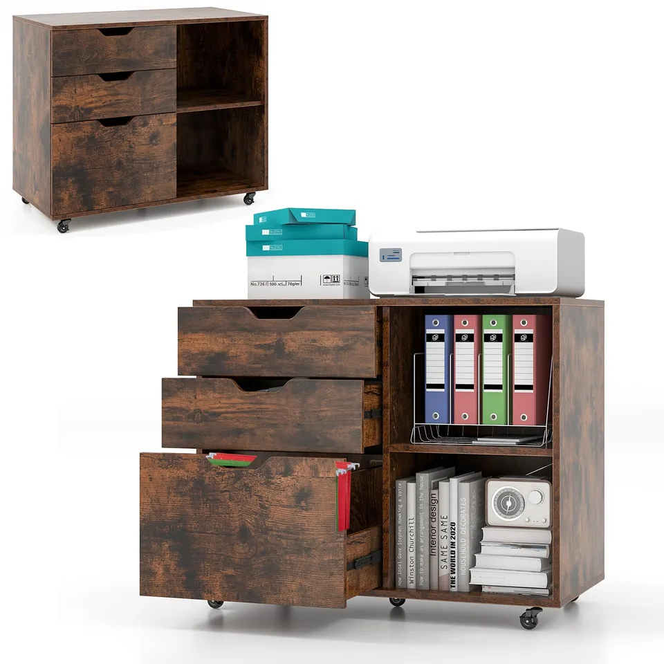 komfotteu-rollcontainer-3-schubladen-mit-regal-braun image 1