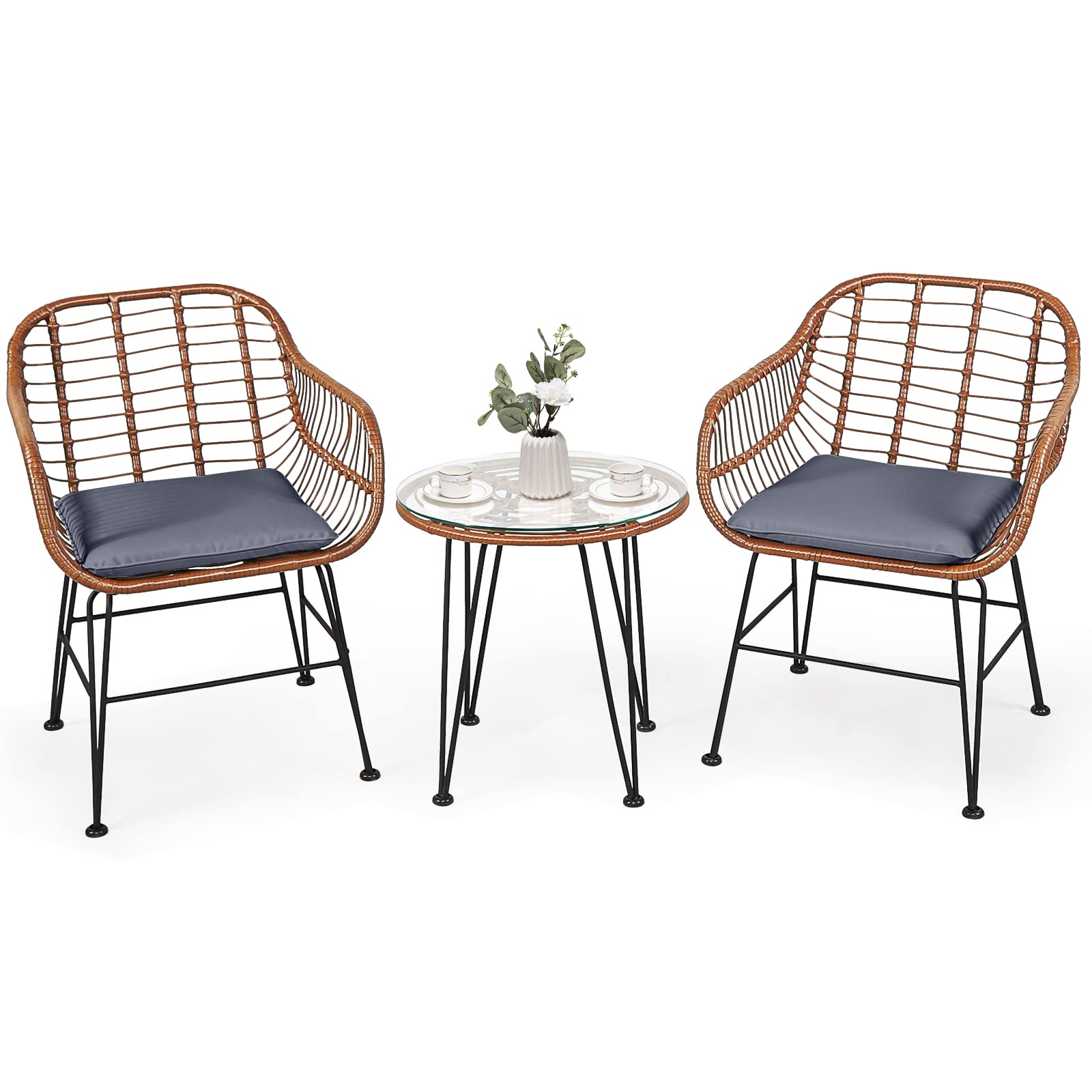 komfotteu-3-teiliges-rattan-bistroset-mit-2-st-hlen-kissen-glastisch-braun image 1