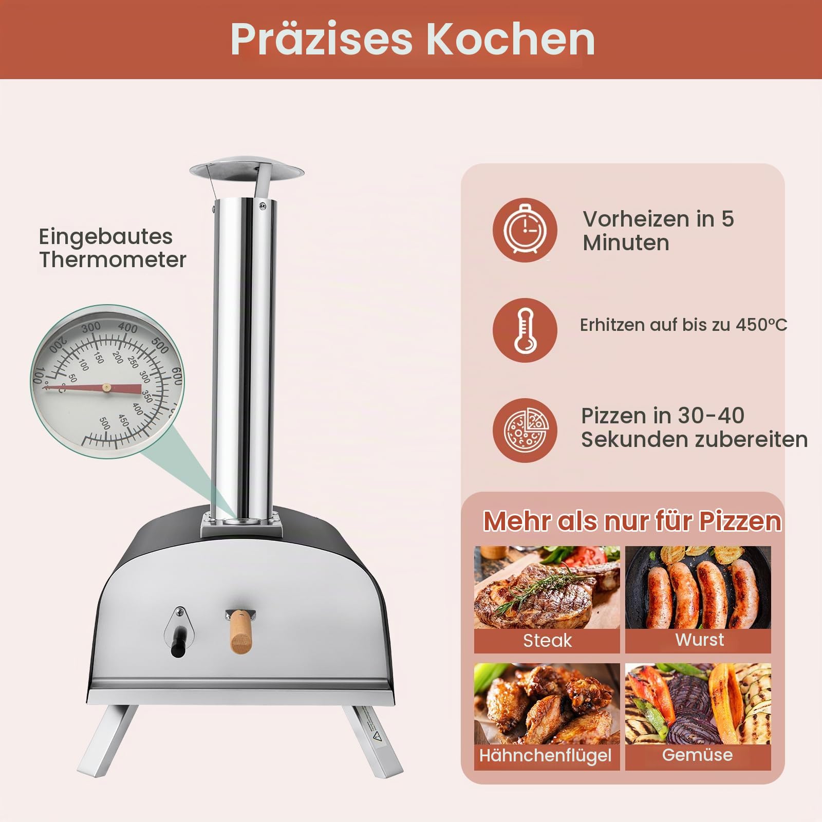 komfotteu-pizzaofen-outdoor-holzofen-edelstahl-mit-pizzastein-und-thermometer image 3