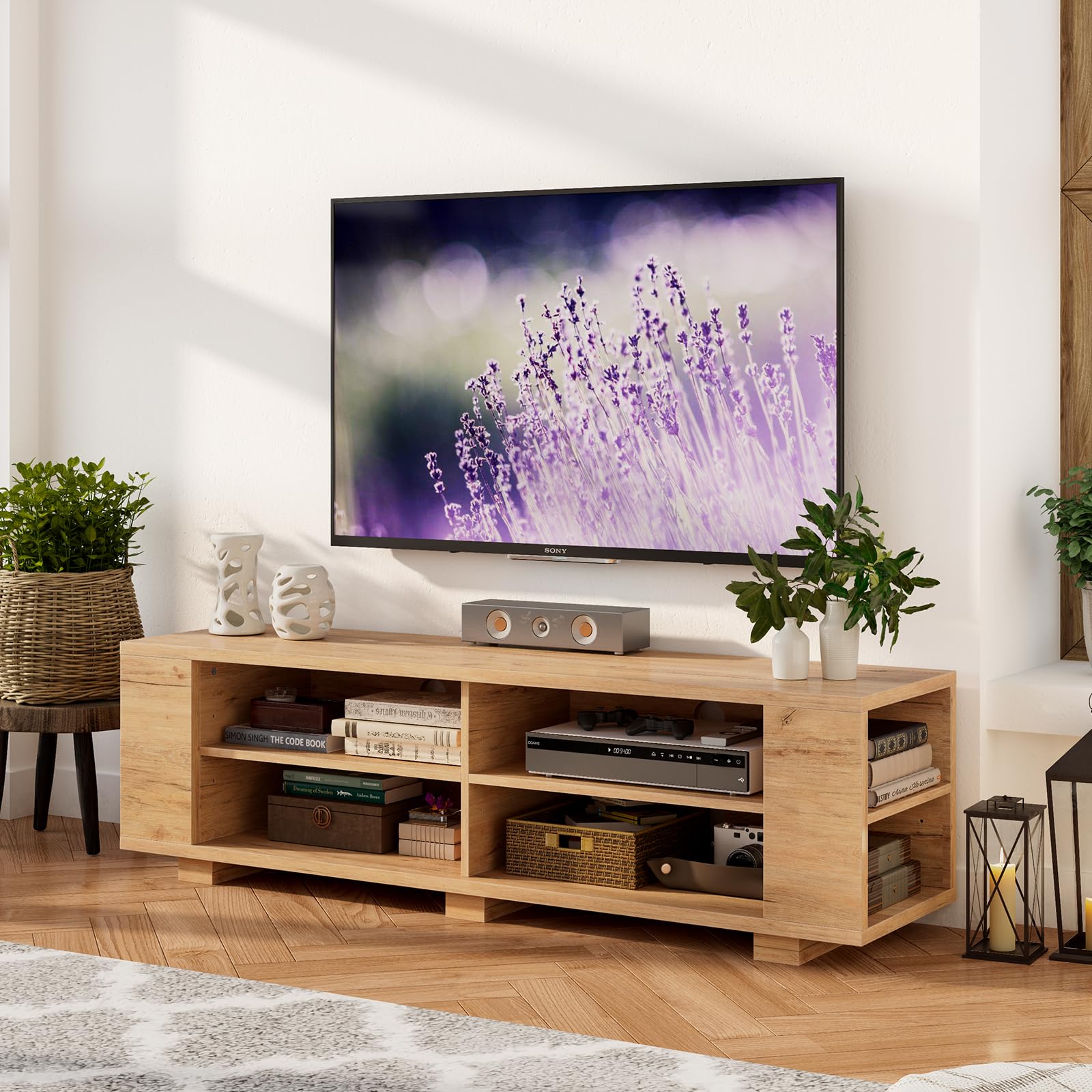 komfotteu-tv-schrank-bis-65-zoll-lowboard-150x39x45-cm-nat-rlich-mit-4-f-chern image 2