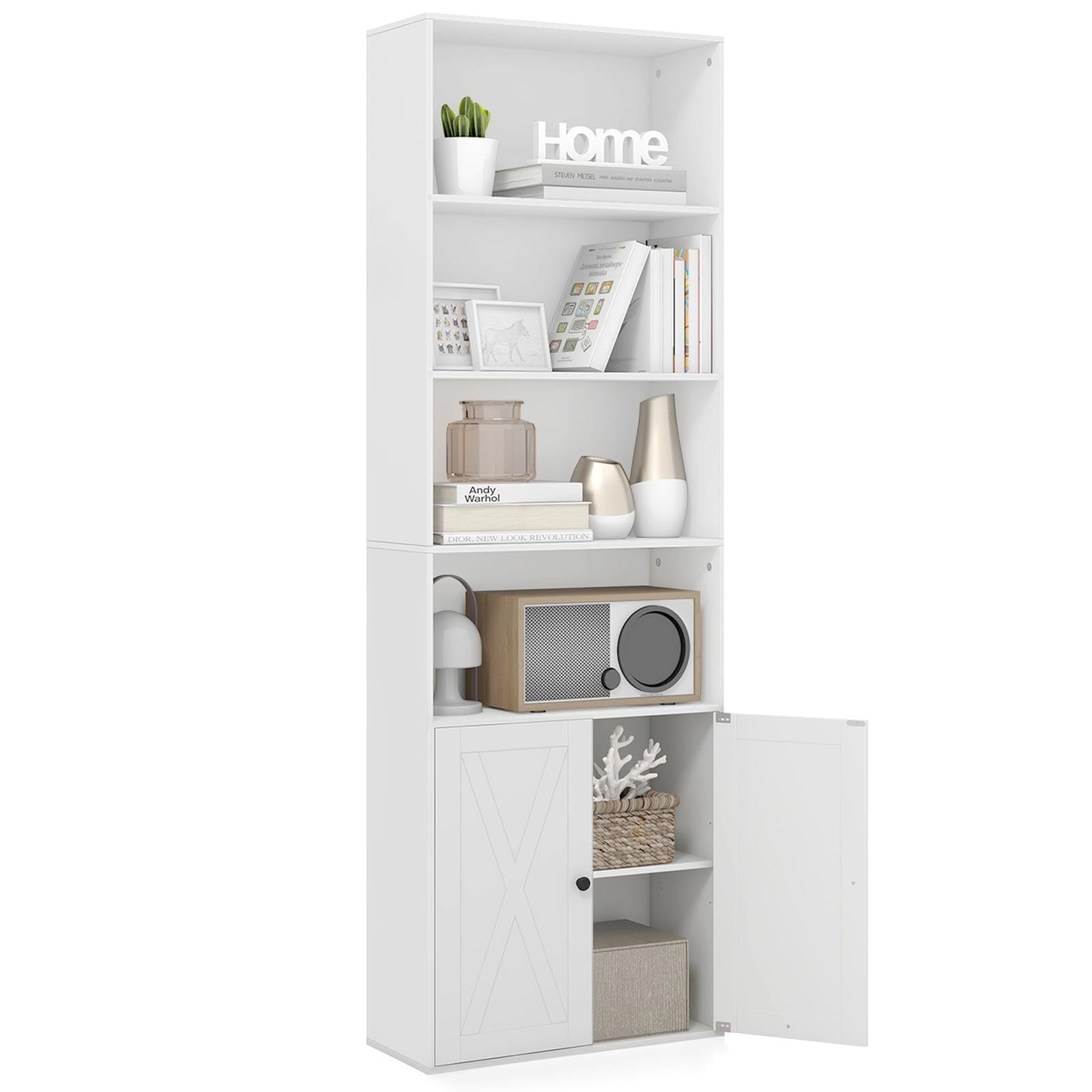 komfotteu-b-cherregal-holz-mit-t-rschrank-6-regale-60x24x180cm-wei image 1