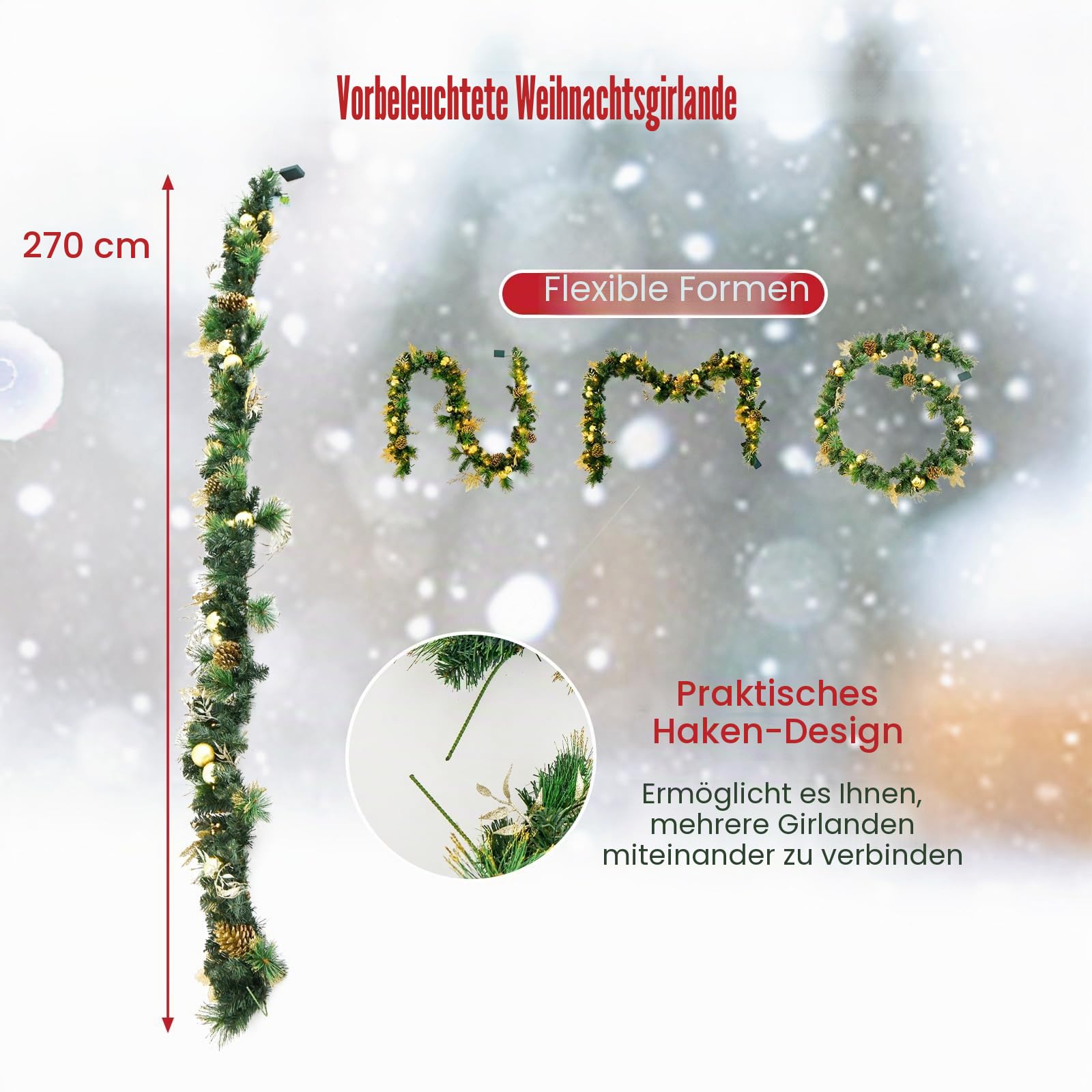 komfotteu-weihnachtsgirlande-270-cm-mit-50-leds-und-timer-tanne-gold image 6