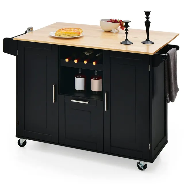 komfotteu-mobile-k-cheninsel-130x45x90cm-schwarz-mit-rollen-und-klapptisch image 1
