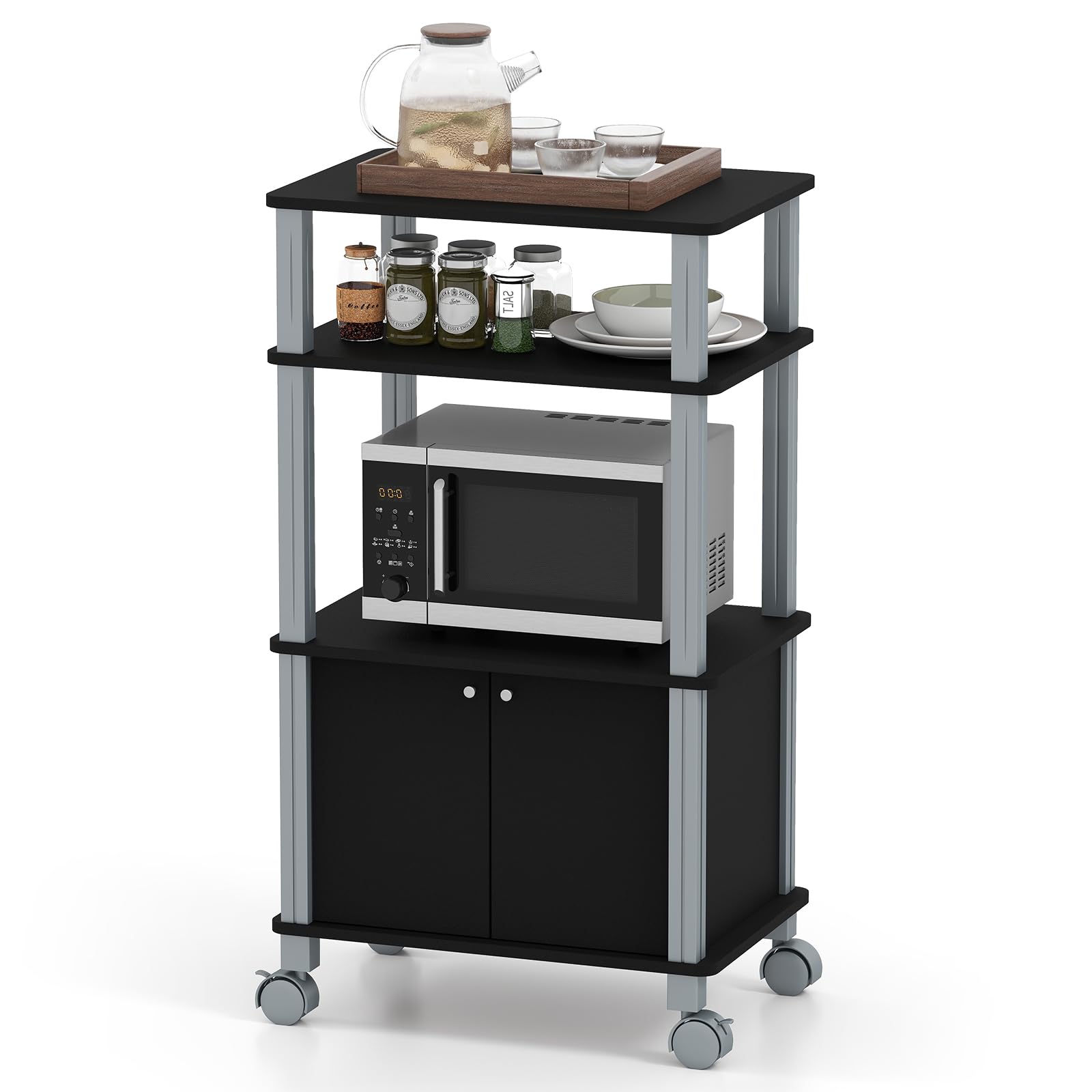 komfotteu-k-chenwagen-mit-3-ebenen-schrank-mit-t-r-und-rollen-60-x-40-x-98-cm-sc image 1