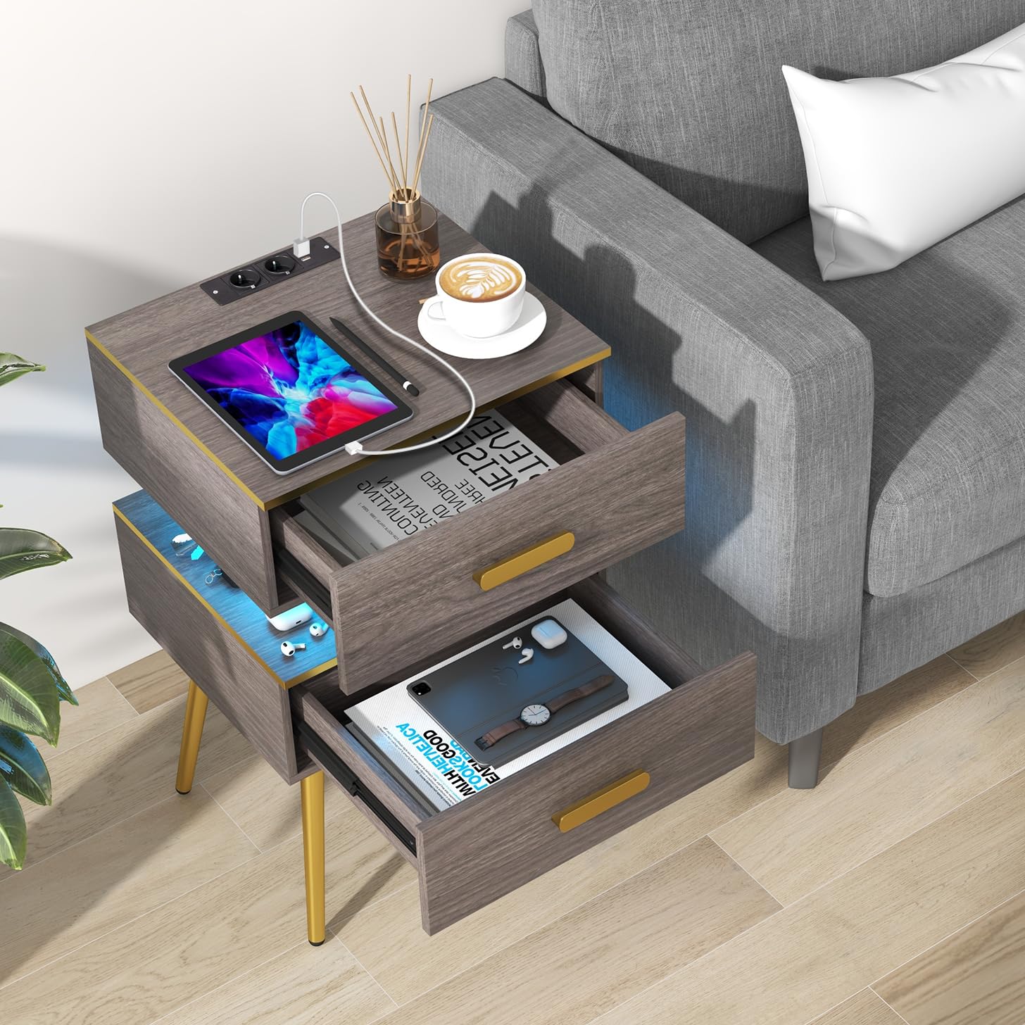 komfotteu-nachttisch-mit-ladestation-und-led-44x38x72-cm-2-schubladen-holz image 7