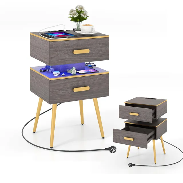 komfotteu-nachttisch-mit-ladestation-und-led-44x38x72-cm-2-schubladen-holz image 1
