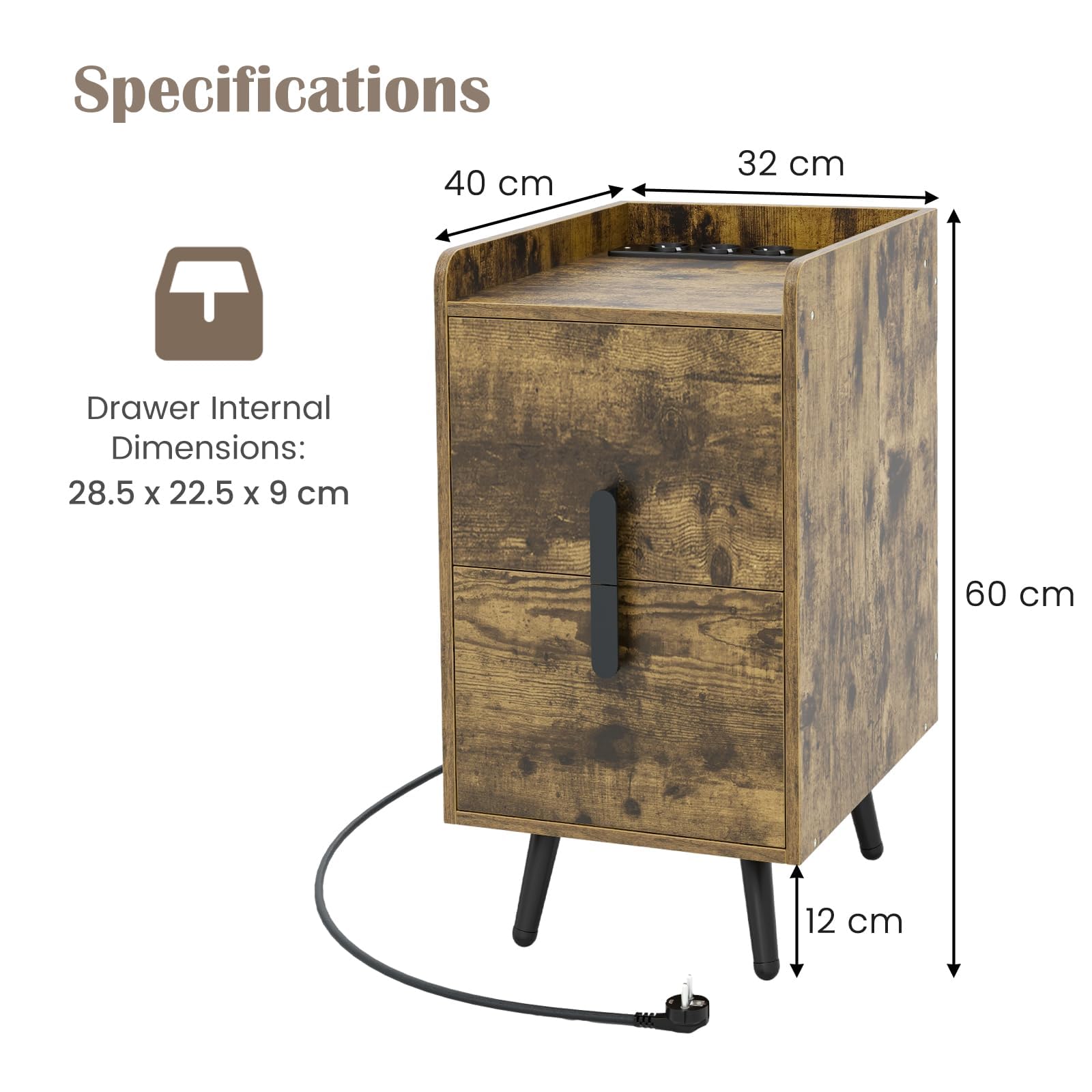 komfotteu-nachttisch-industrial-mit-ladestation-32x40x60-cm-2-schubladen image 3