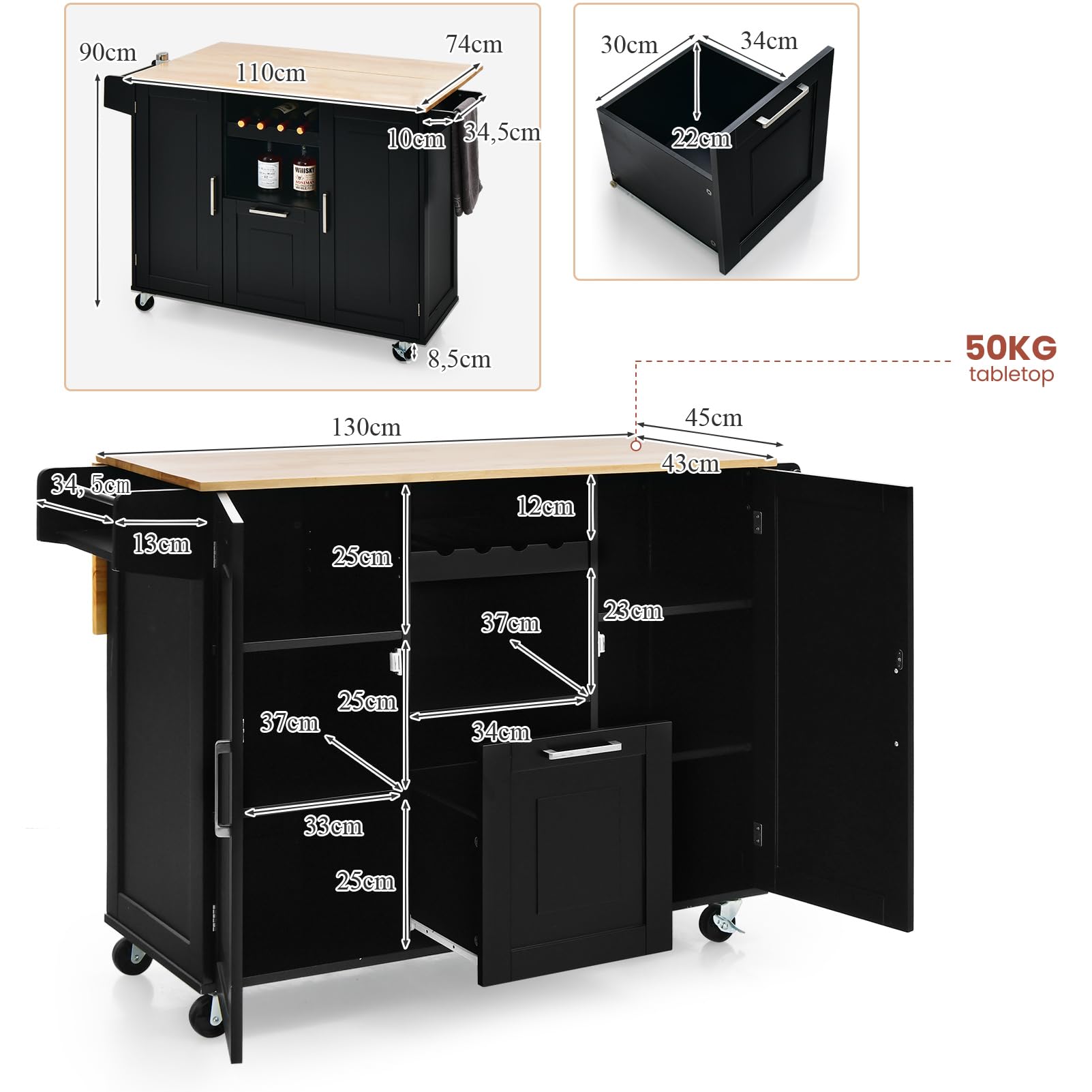 komfotteu-mobile-k-cheninsel-130x45x90cm-schwarz-mit-rollen-und-klapptisch image 6