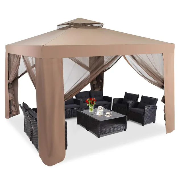 komfotteu-pavillon-3x3m-mit-doppeldach-vorh-ngen-und-moskitonetz-braun image 1