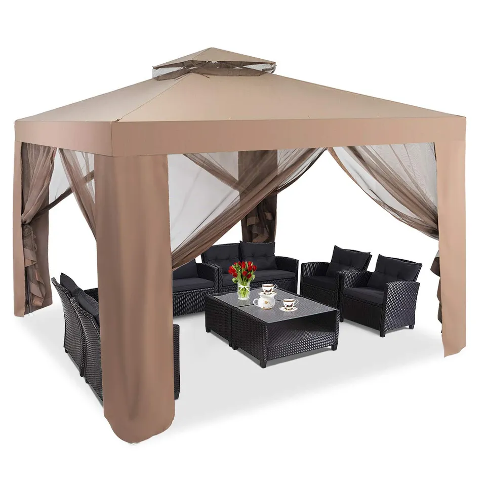 komfotteu-pavillon-3x3m-mit-doppeldach-vorh-ngen-und-moskitonetz-braun image 1