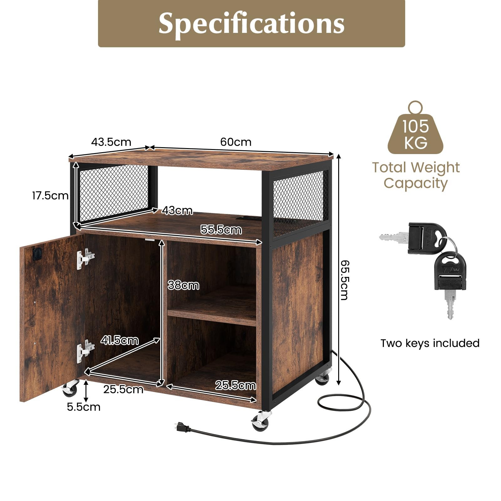 komfotteu-rollcontainer-braun-mit-ladestation-usb-typ-c-und-schloss image 3