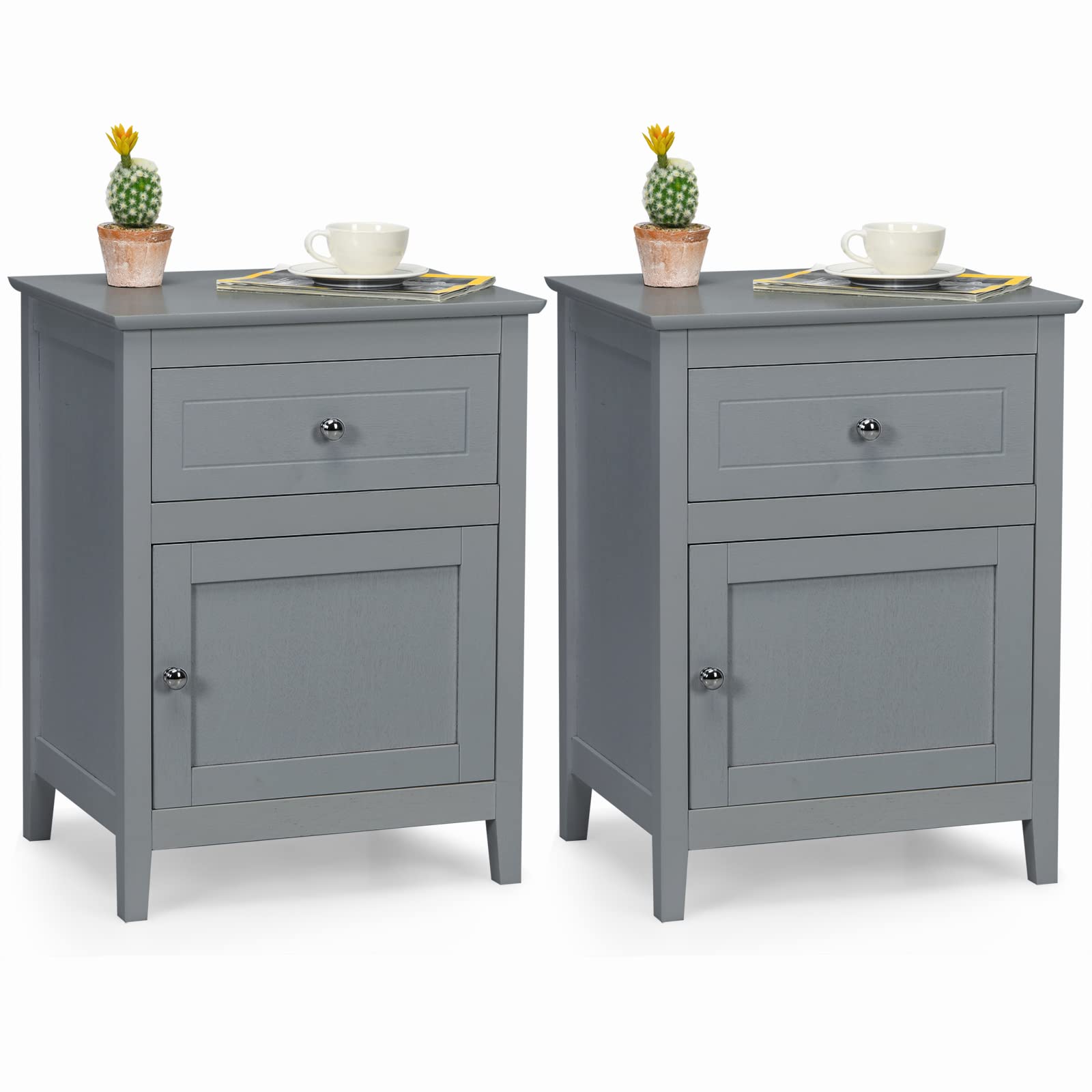 komfotteu-nachttisch-aus-holz-2er-set-grau-mit-schublade-schrank image 1