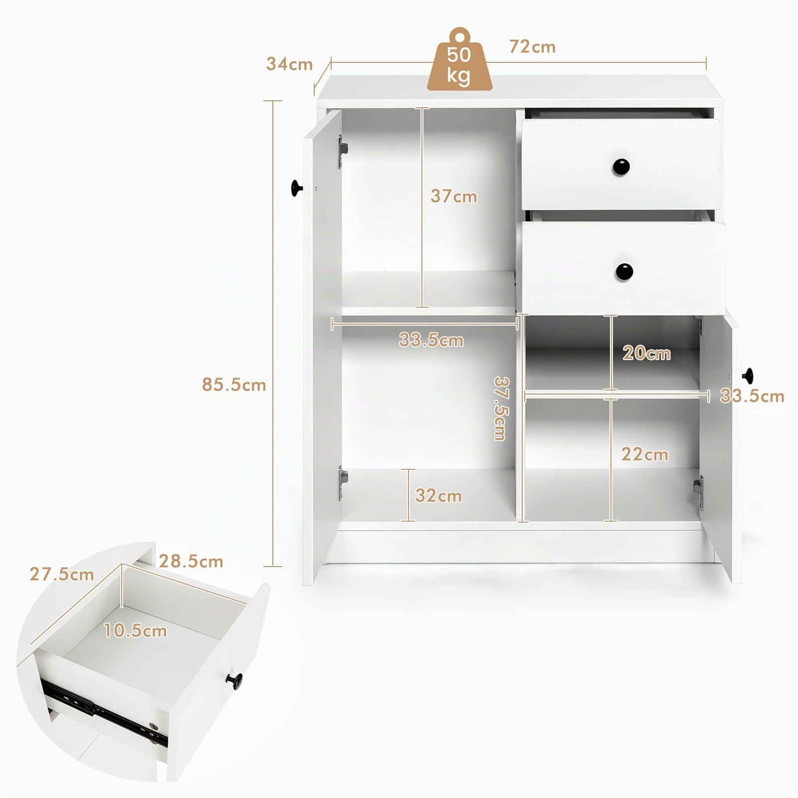 komfotteu-kommode-wei-sideboard-72x34x85-5-cm-mit-schubladen image 3