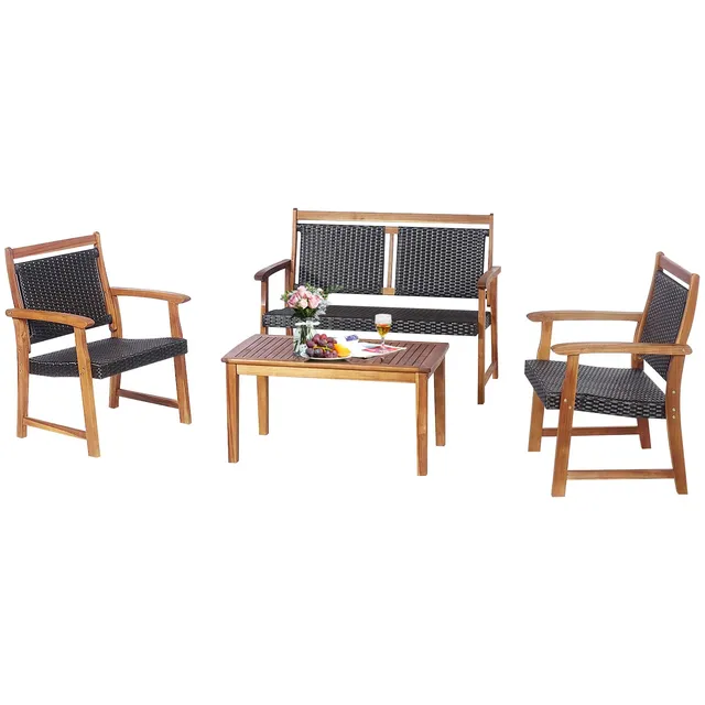 komfotteu-4-tlg-gartenm-bel-set-rattan-akazienholz-mit-2-sesseln-doppelstuhl-tis image 1