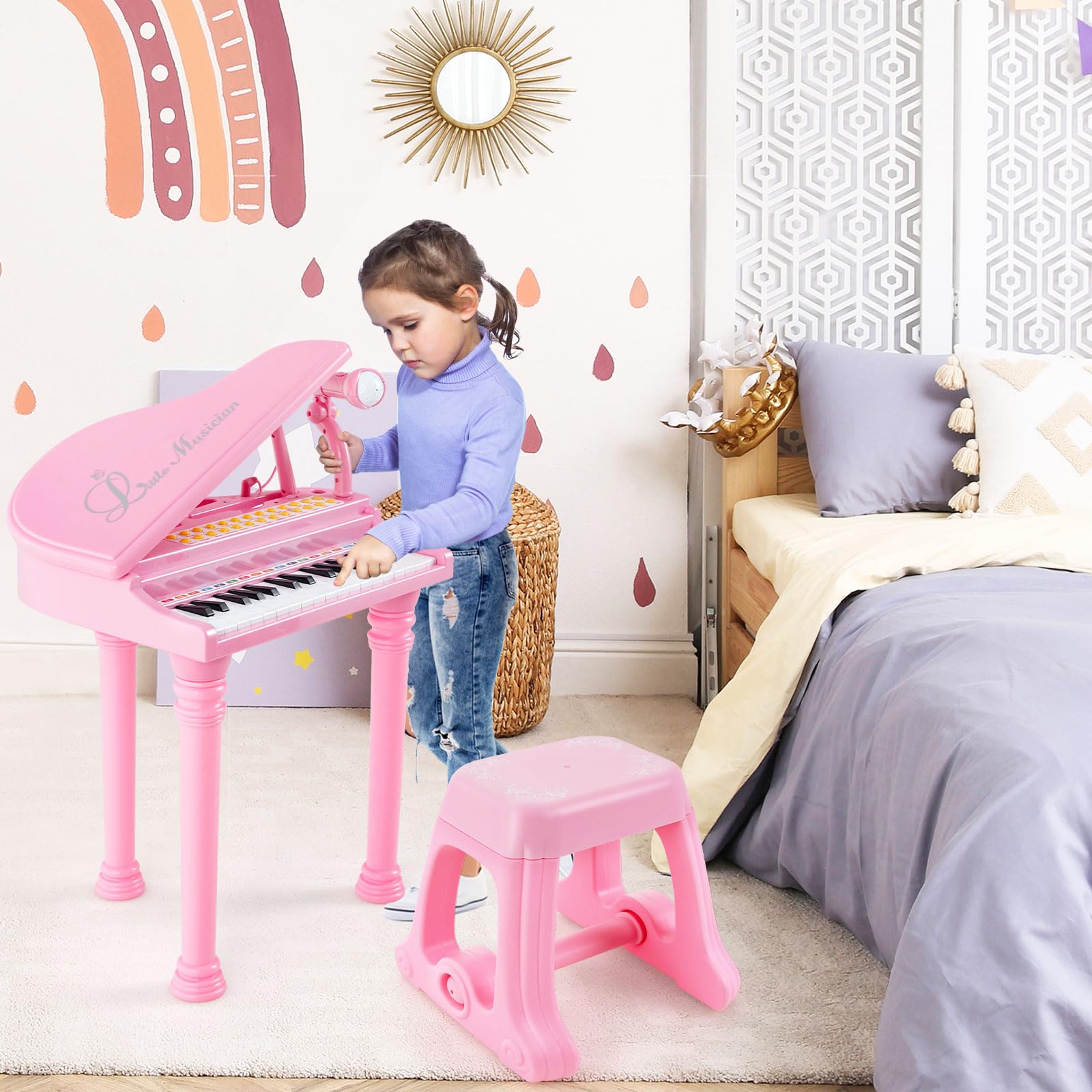 komfotteu-31-tasten-kinderklavier-set-mit-mikrofon-hocker-rosa image 2