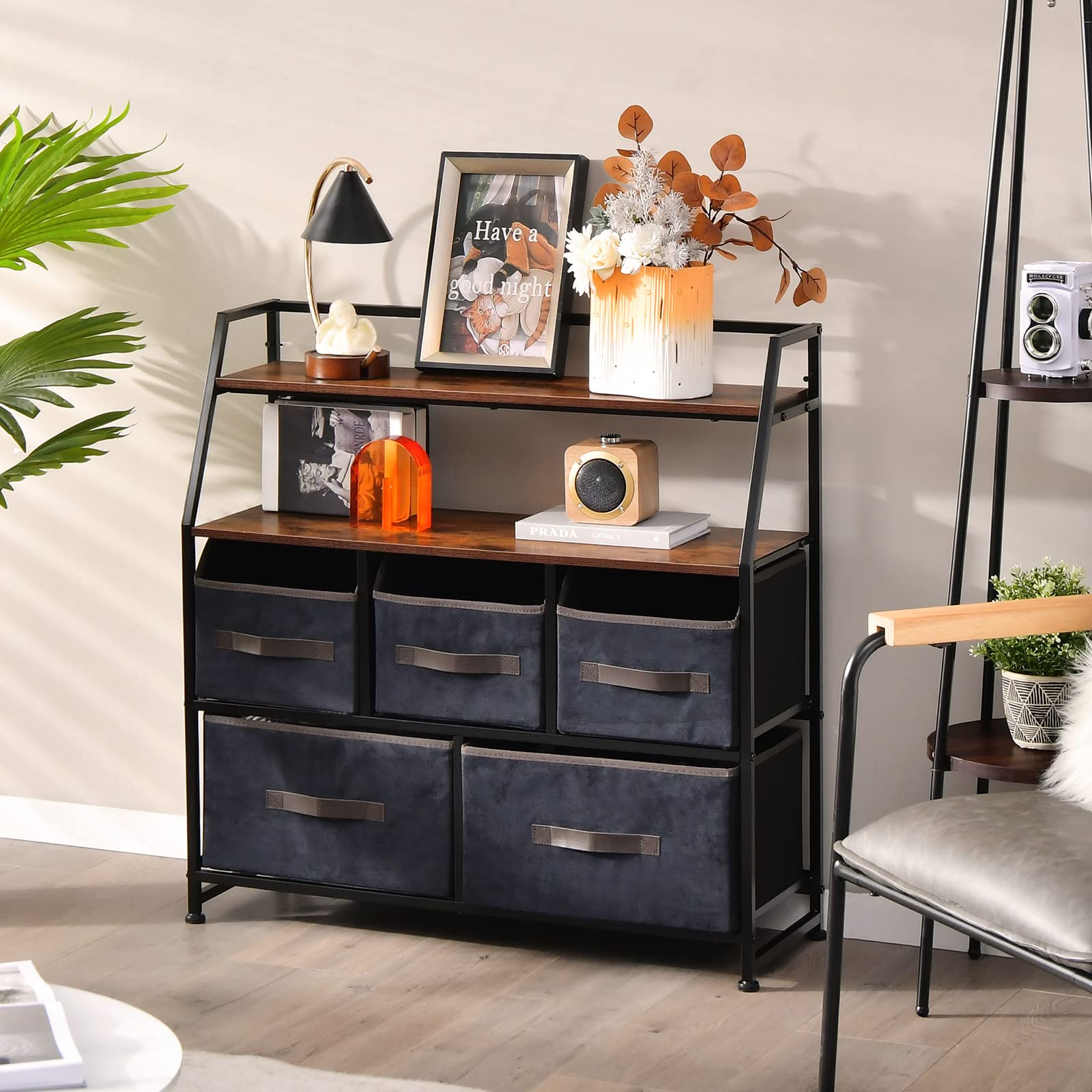 komfotteu-kommode-stoff-84x30x85-cm-mit-4-schubladen-und-2-regalen image 2
