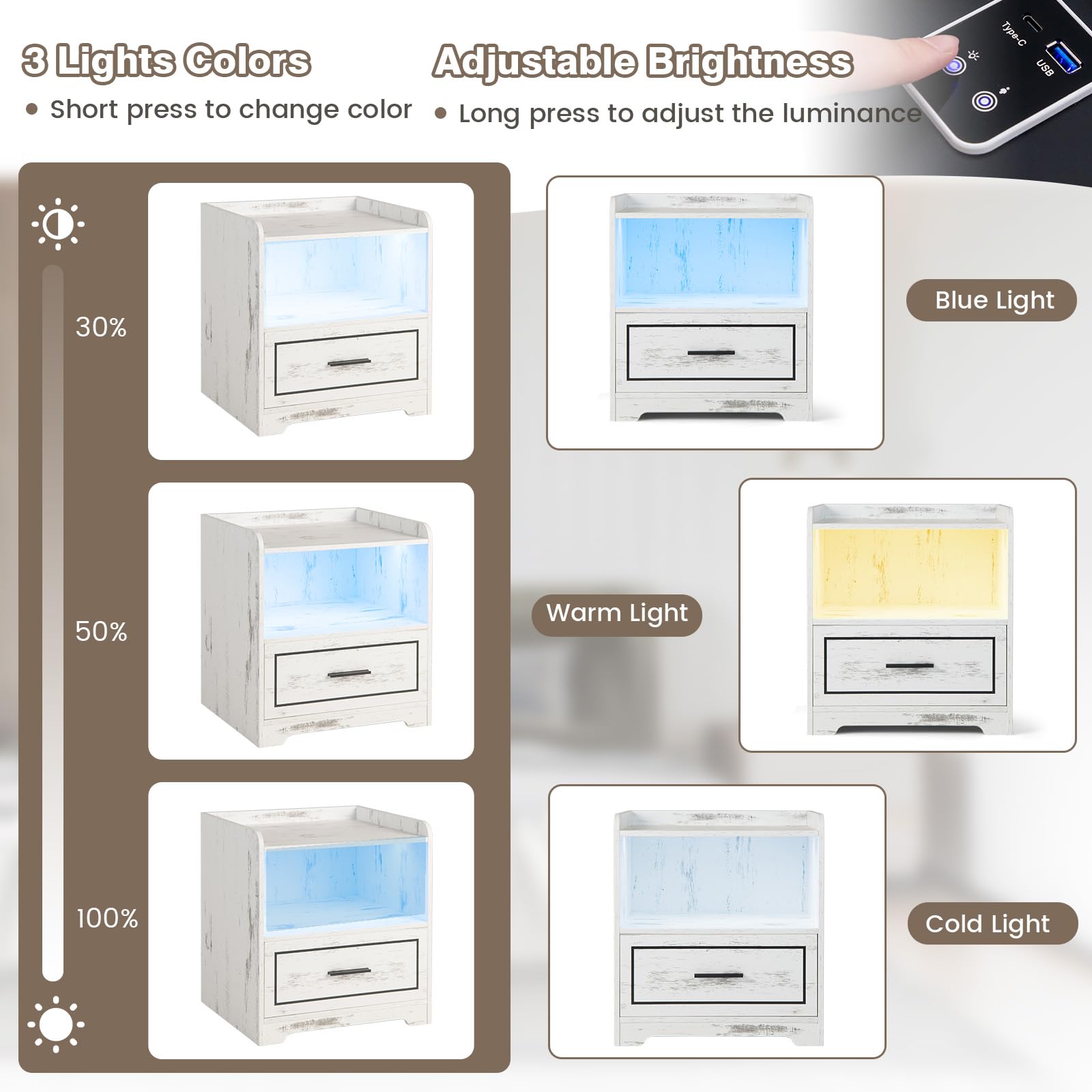 komfotteu-nachttisch-wei-2er-set-smart-led-mit-usb-type-c-45x40x50-cm image 4