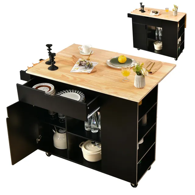 komfotteu-k-chenwagen-k-cheninsel-holz-mit-ausziehbarer-arbeitsplatte-schwarz image 1