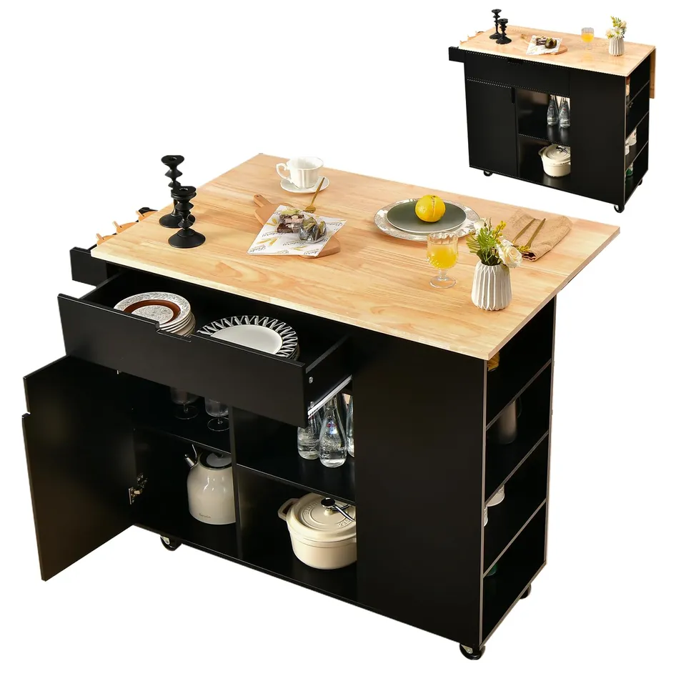 komfotteu-k-chenwagen-k-cheninsel-holz-mit-ausziehbarer-arbeitsplatte-schwarz image 1