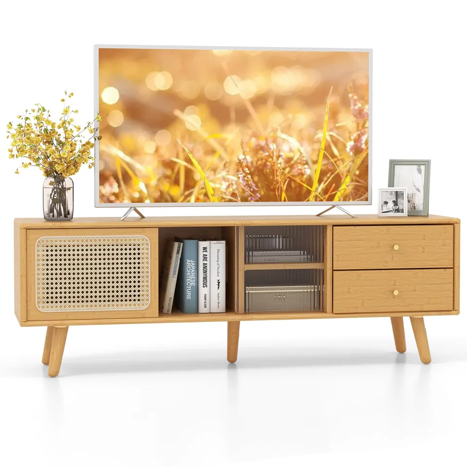 komfotteu-tv-schrank-aus-bambus-bis-65-zoll-mit-2-schubladen image 1