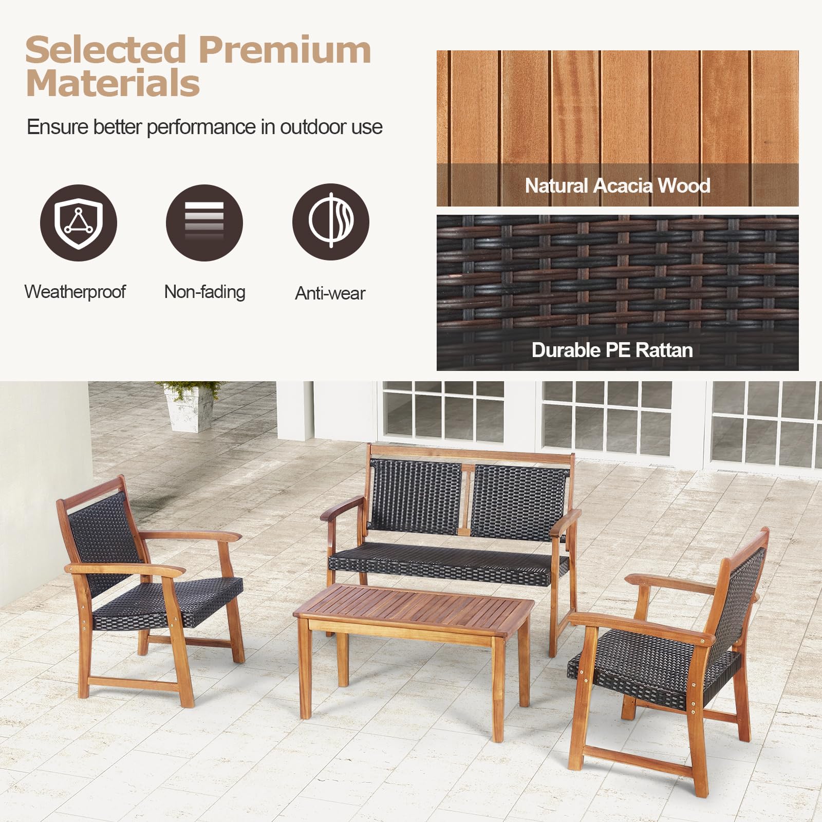 komfotteu-4-tlg-gartenm-bel-set-rattan-akazienholz-mit-2-sesseln-doppelstuhl-tis image 3