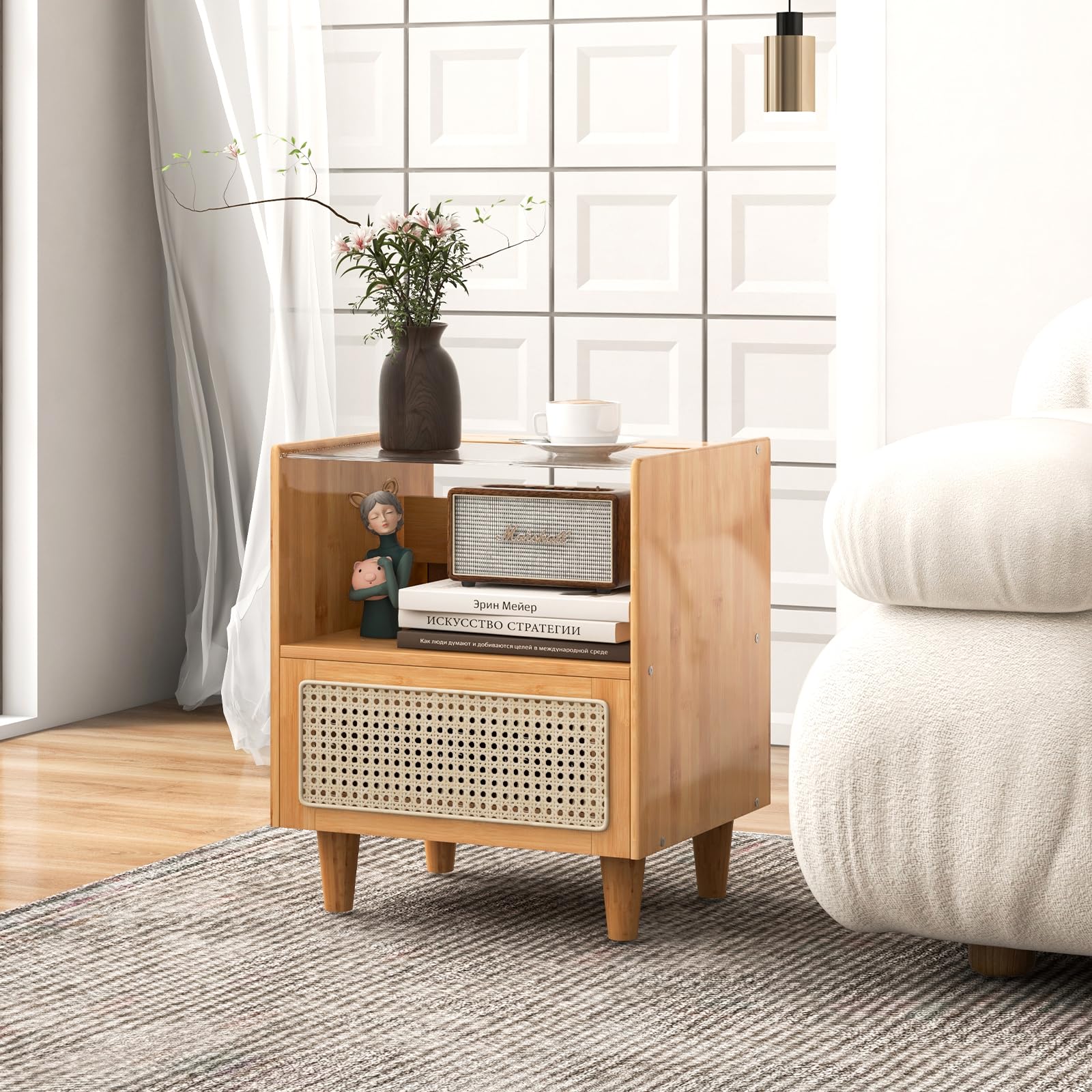 komfotteu-nachttisch-rattan-bambus-mit-schublade-glasplatte-43x35x50-cm-natur image 2