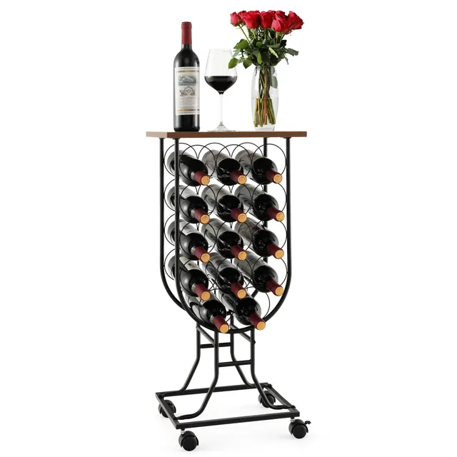 komfotteu-weinregal-mit-rollen-f-r-14-flaschen-metall-mit-holzplatte image 1