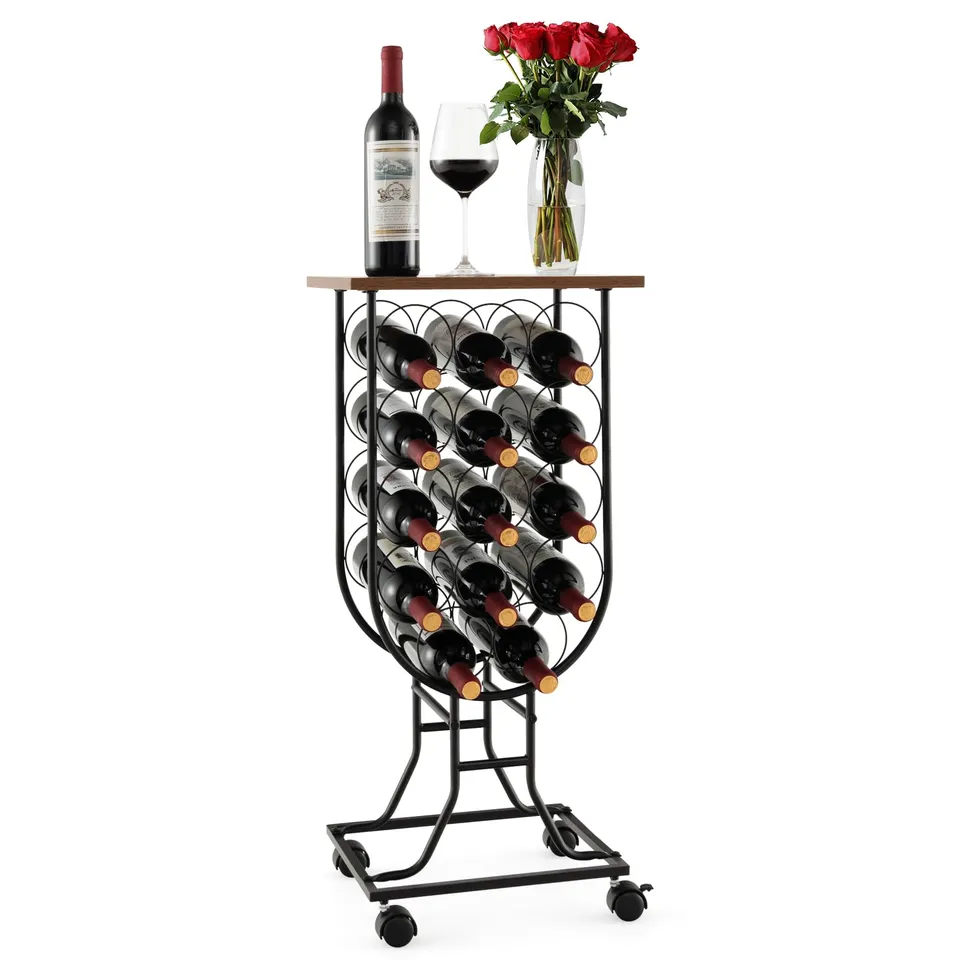 komfotteu-weinregal-mit-rollen-f-r-14-flaschen-metall-mit-holzplatte image 1