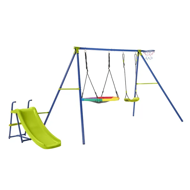 komfotteu-5-in-1-kinderschaukel-set-schaukelgestell-mit-2-schaukeln-rutsche-bask image 1