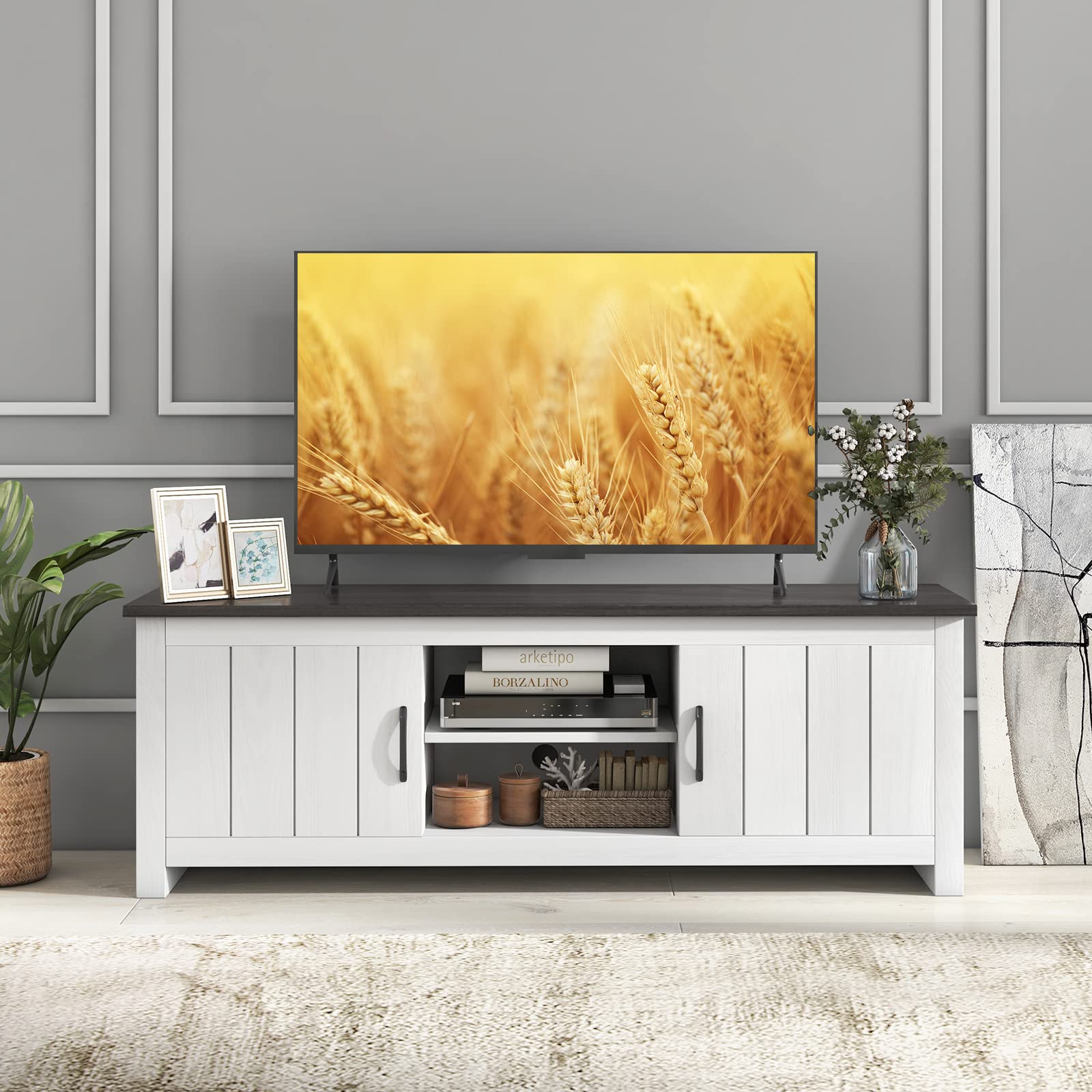 komfotteu-fernsehtisch-bis-65-zoll-mit-2-schr-nken-145x40x50cm-wei-braun image 6