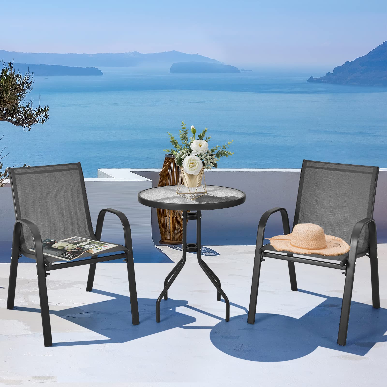 komfotteu-3-tlg-bistro-set-gartentisch-mit-schirmloch-2-klappst-hle-schwarz image 7