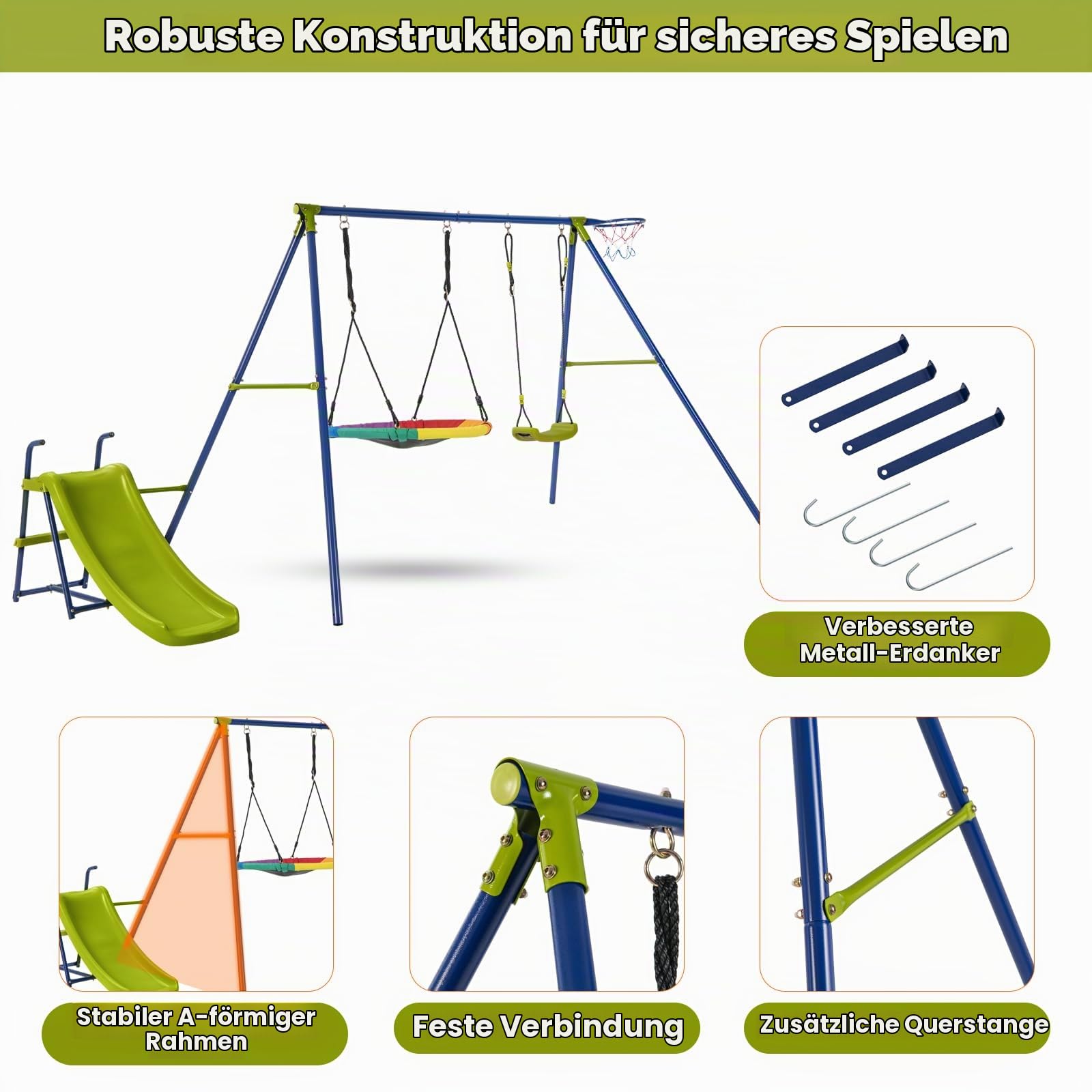 komfotteu-5-in-1-kinderschaukel-set-schaukelgestell-mit-2-schaukeln-rutsche-bask image 4