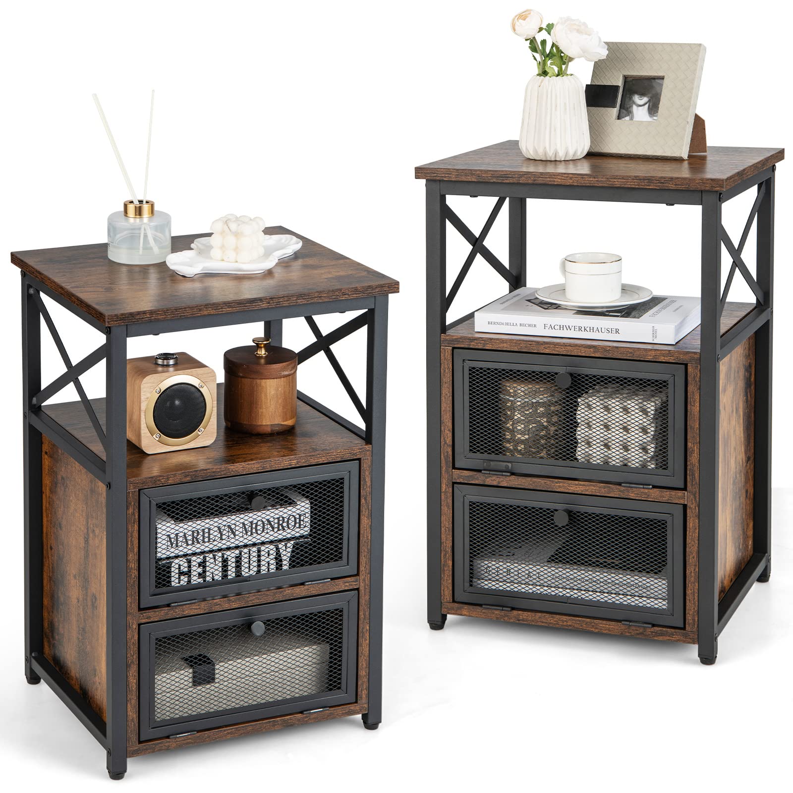 komfotteu-nachttisch-vintage-mit-2-t-ren-aus-holz-und-eisen image 1
