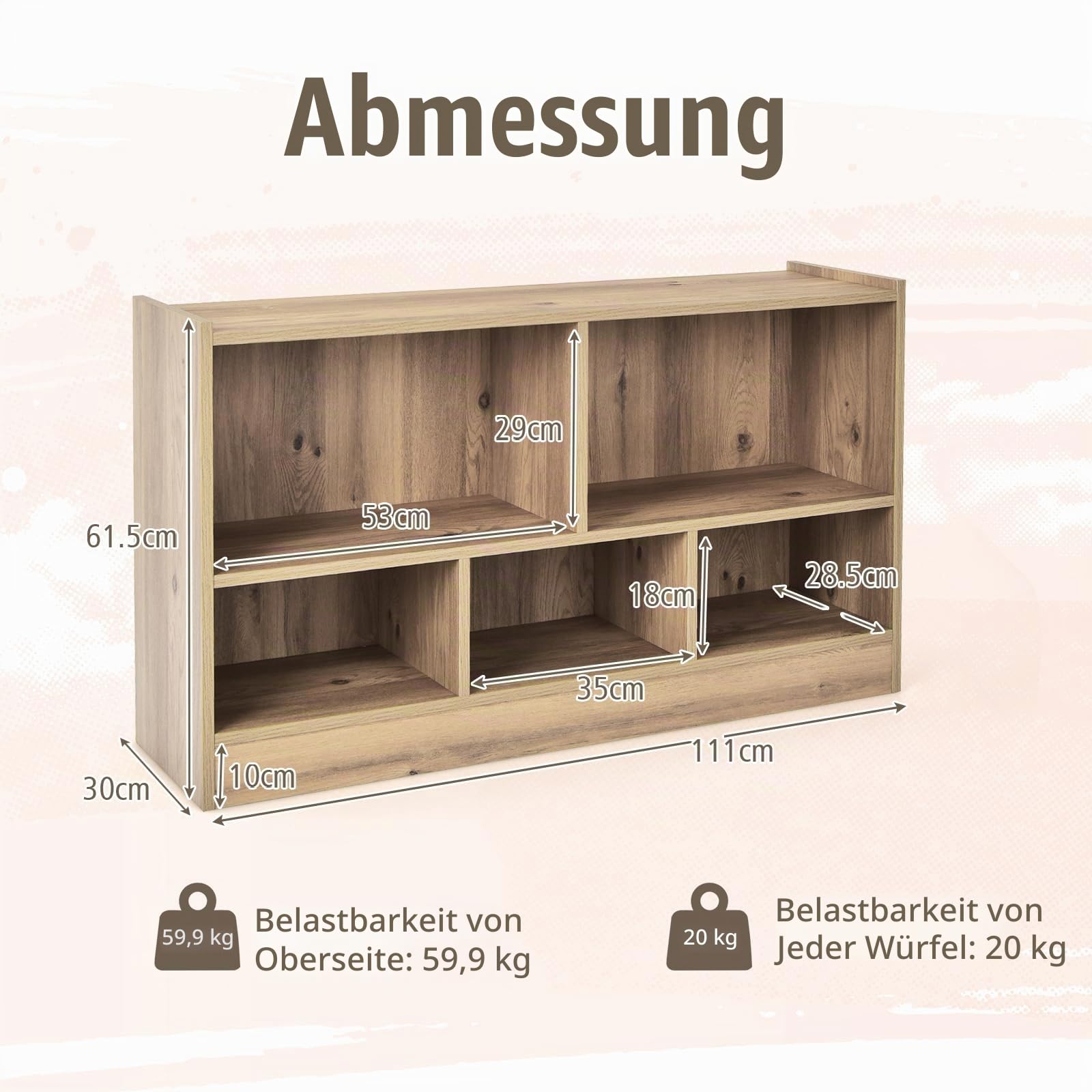 komfotteu-spielzeugschrank-kinderregal-holz-111-x-30-x-61-5-cm-natur-mit-5-f-che image 3