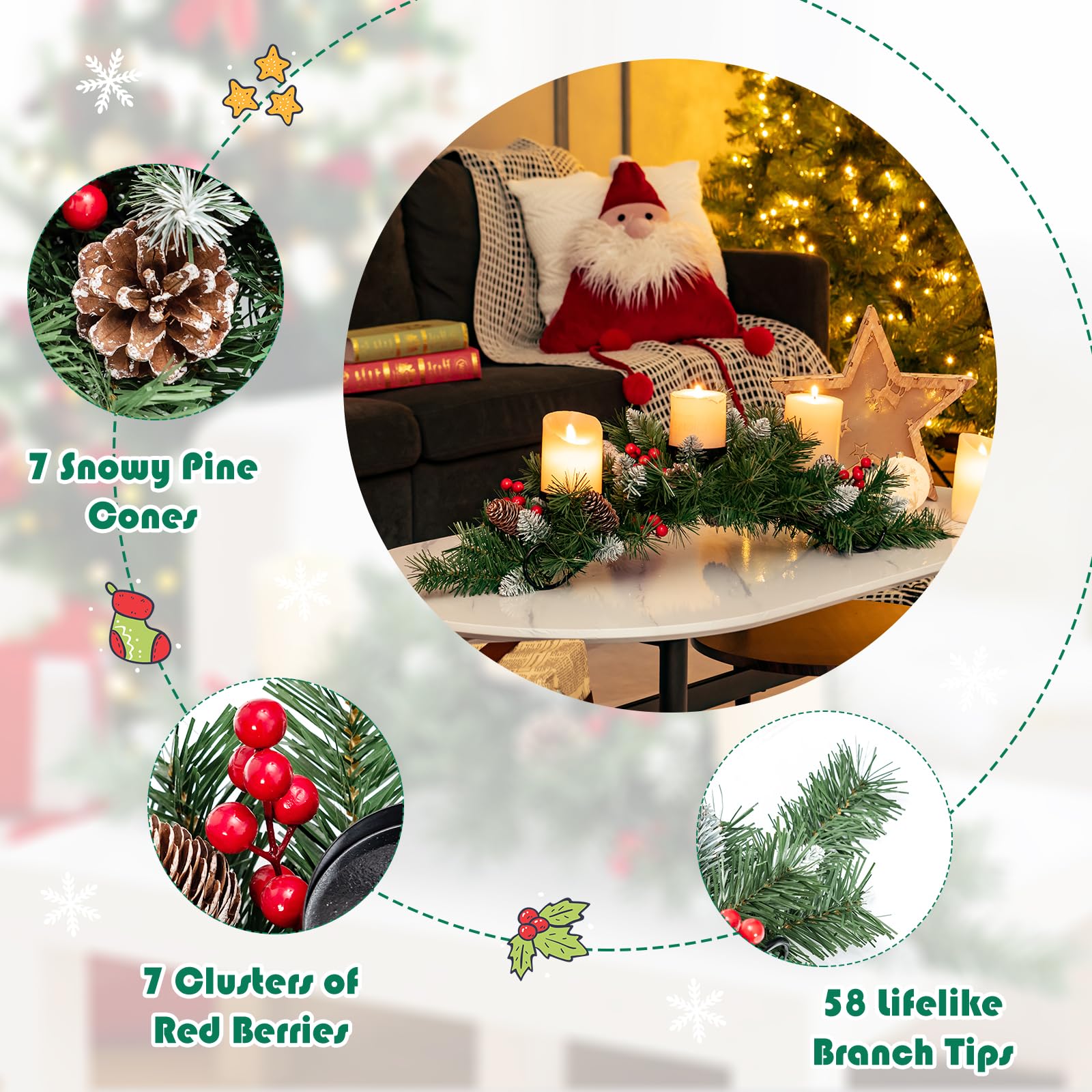 komfotteu-weihnachtskranz-adventskranz-mit-3-kerzenhaltern-beeren-tannenzapfen image 4