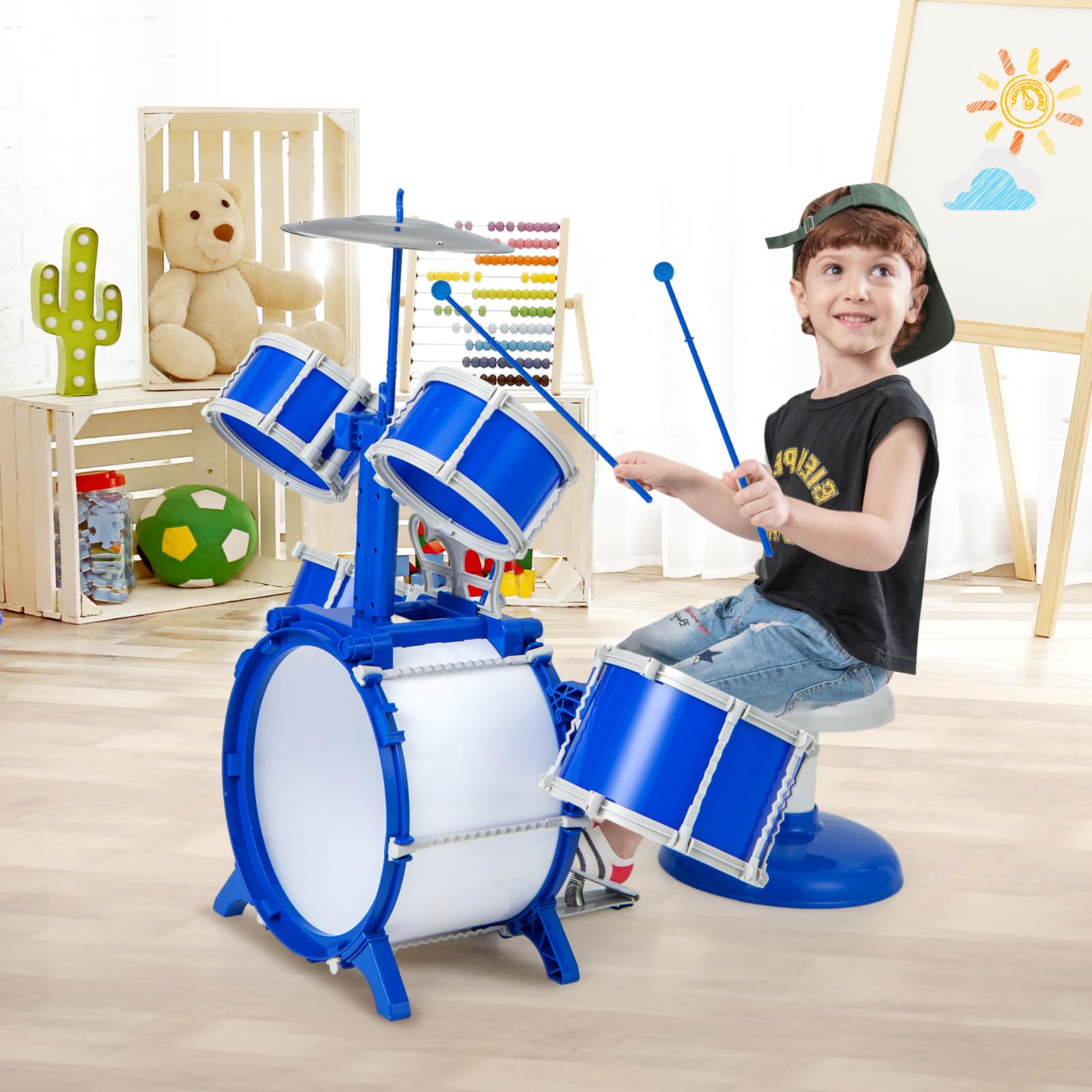 komfotteu-jazz-schlagzeug-f-r-kinder-ab-3-jahren-5-trommeln-mit-hocker-blau image 2