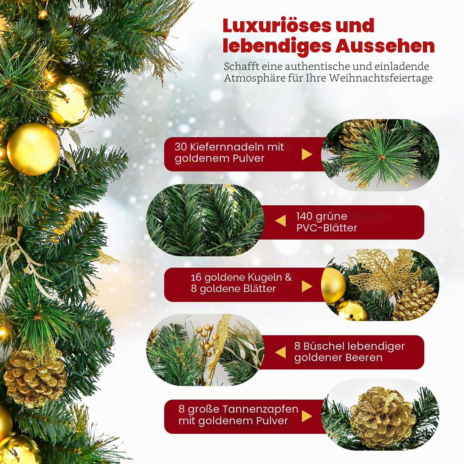 komfotteu-weihnachtsgirlande-270-cm-mit-50-leds-und-timer-tanne-gold image 3
