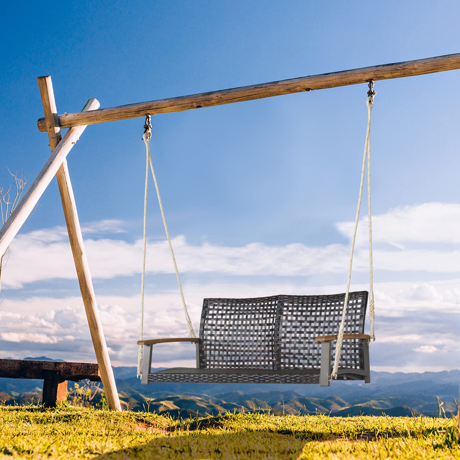 komfotteu-h-ngebank-aus-rattan-f-r-2-personen-bis-360-kg-mit-akazienholzgel-nder image 2