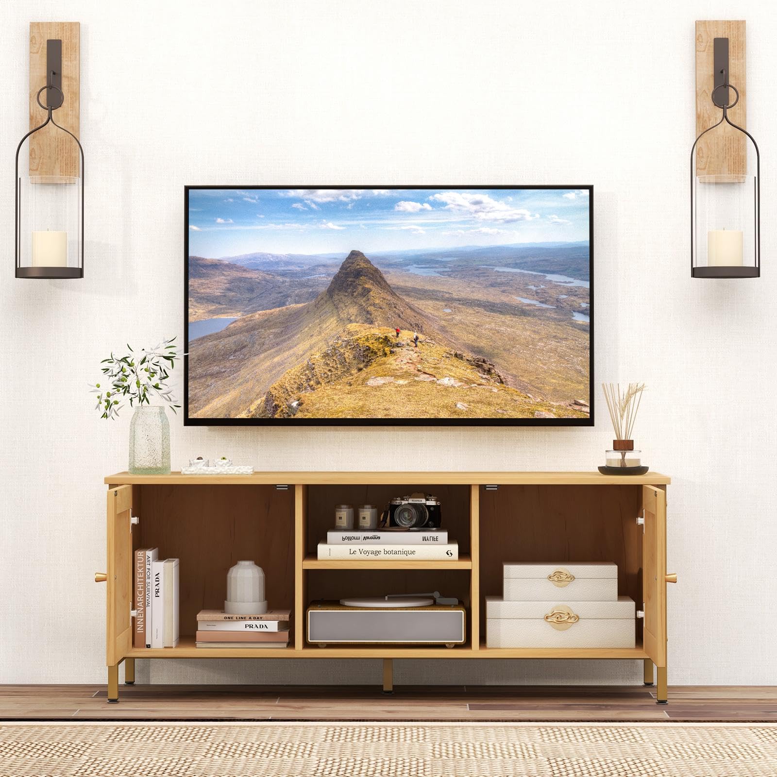 komfotteu-tv-schrank-rattan-f-r-tv-bis-55-zoll-lowboard-holz-metall-120x40x48-cm image 2