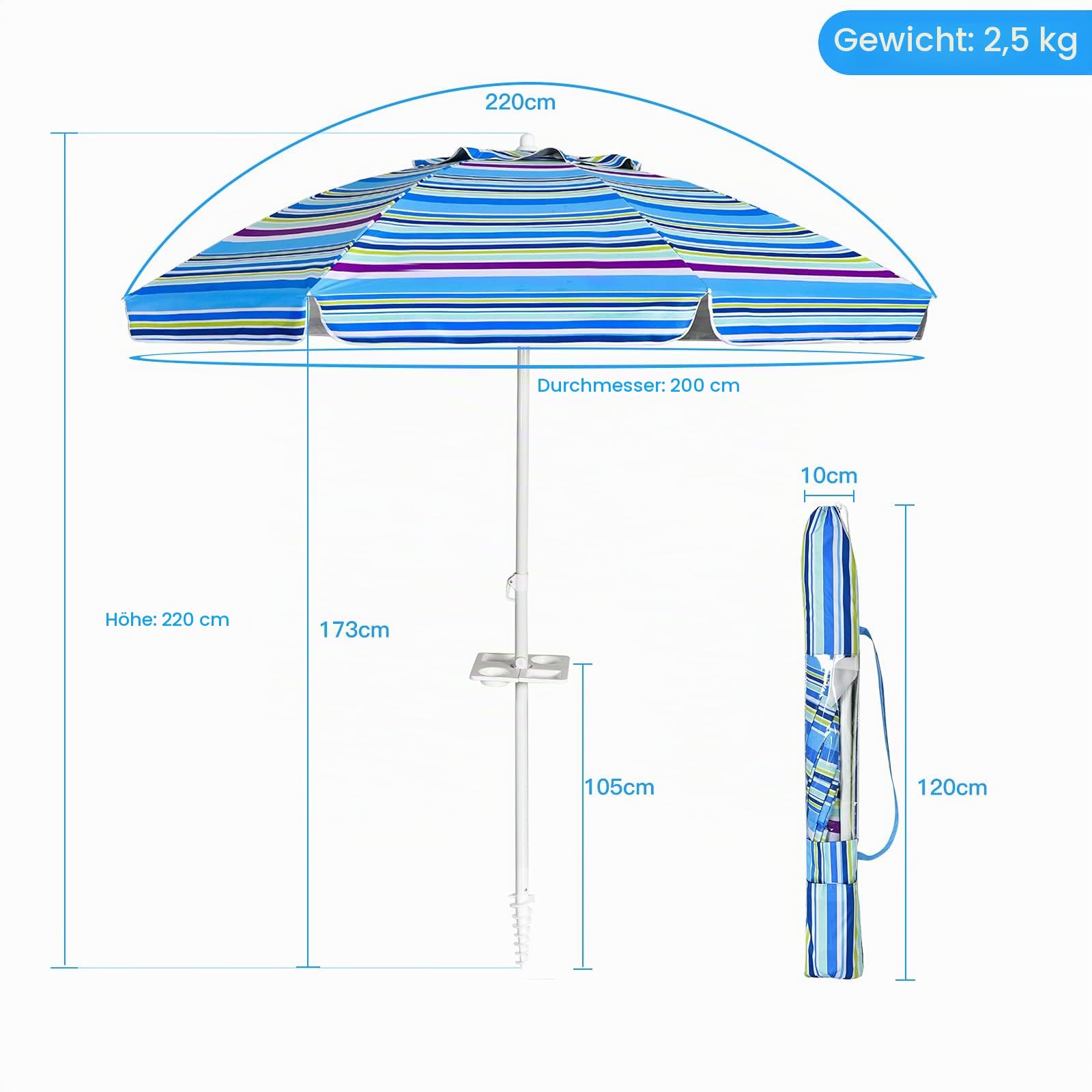 komfotteu-sonnenschirm-200-cm-strandschirm-mit-becherhalter image 6