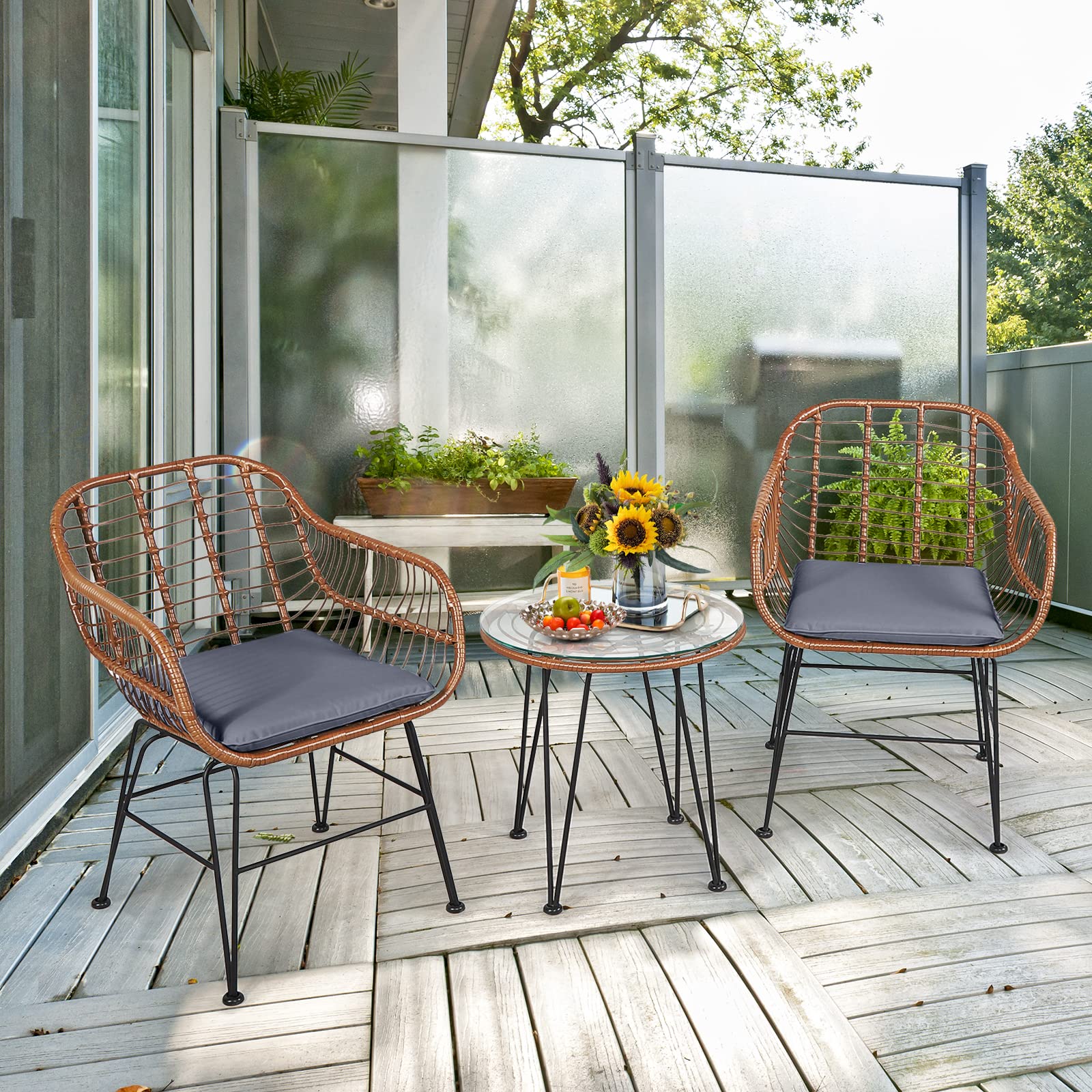 komfotteu-3-teiliges-rattan-bistroset-mit-2-st-hlen-kissen-glastisch-braun image 7
