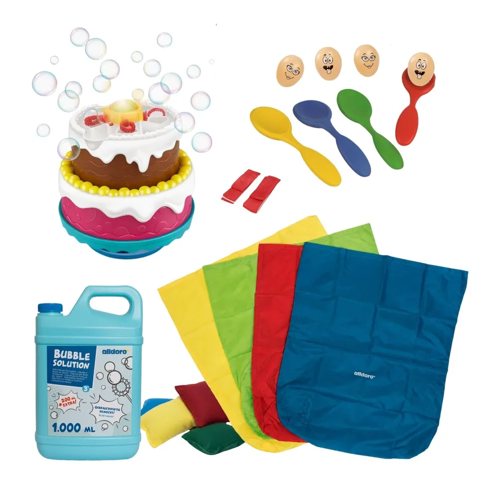 alldoro-partyspiele-set-mit-led-seifenblasenmaschinen-torte-20-teilig image 1