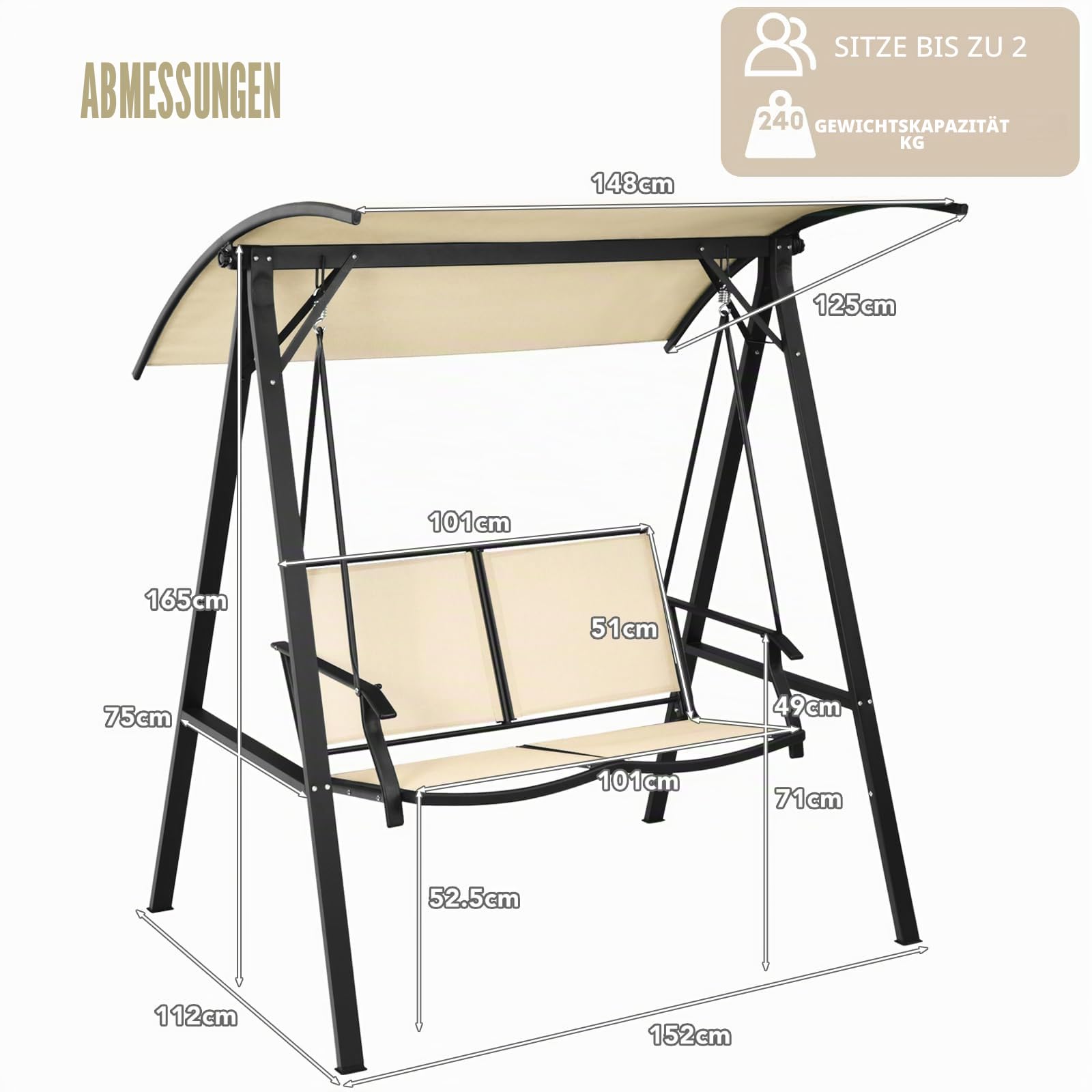 komfotteu-hollywoodschaukel-2-personen-152cm-mit-sonnendach-beige image 6