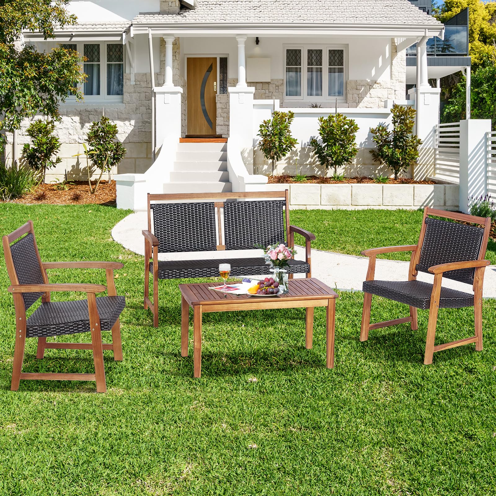 komfotteu-4-tlg-gartenm-bel-set-rattan-akazienholz-mit-2-sesseln-doppelstuhl-tis image 2