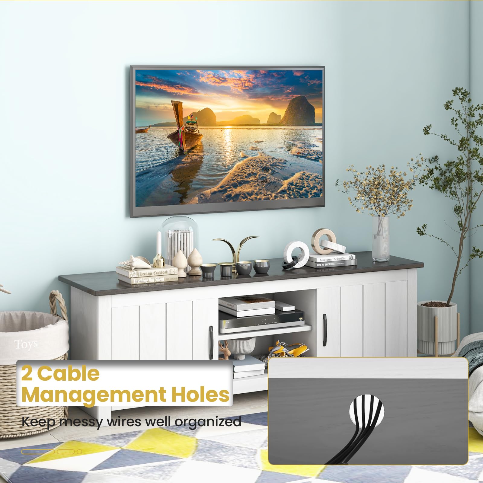 komfotteu-fernsehtisch-bis-65-zoll-mit-2-schr-nken-145x40x50cm-wei-braun image 4