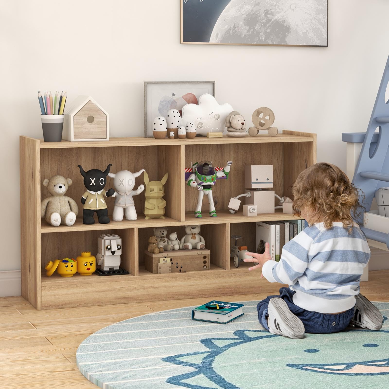 komfotteu-spielzeugschrank-kinderregal-holz-111-x-30-x-61-5-cm-natur-mit-5-f-che image 2