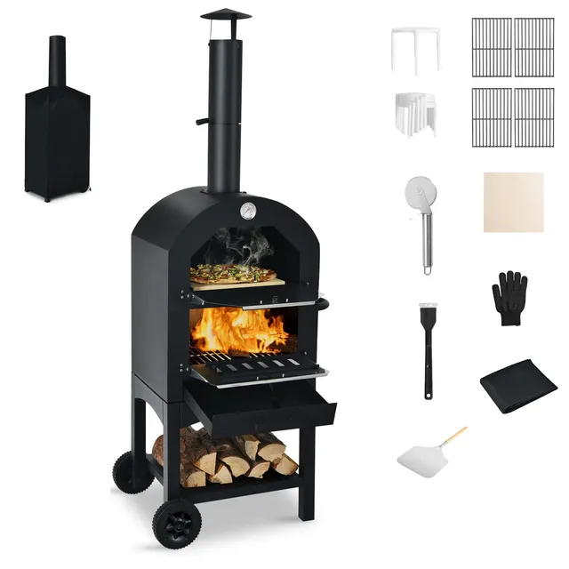 komfotteu-pizzaofen-f-r-au-enbereich-holzofen-eisen-2-ebenen-mit-pizzastein image 1