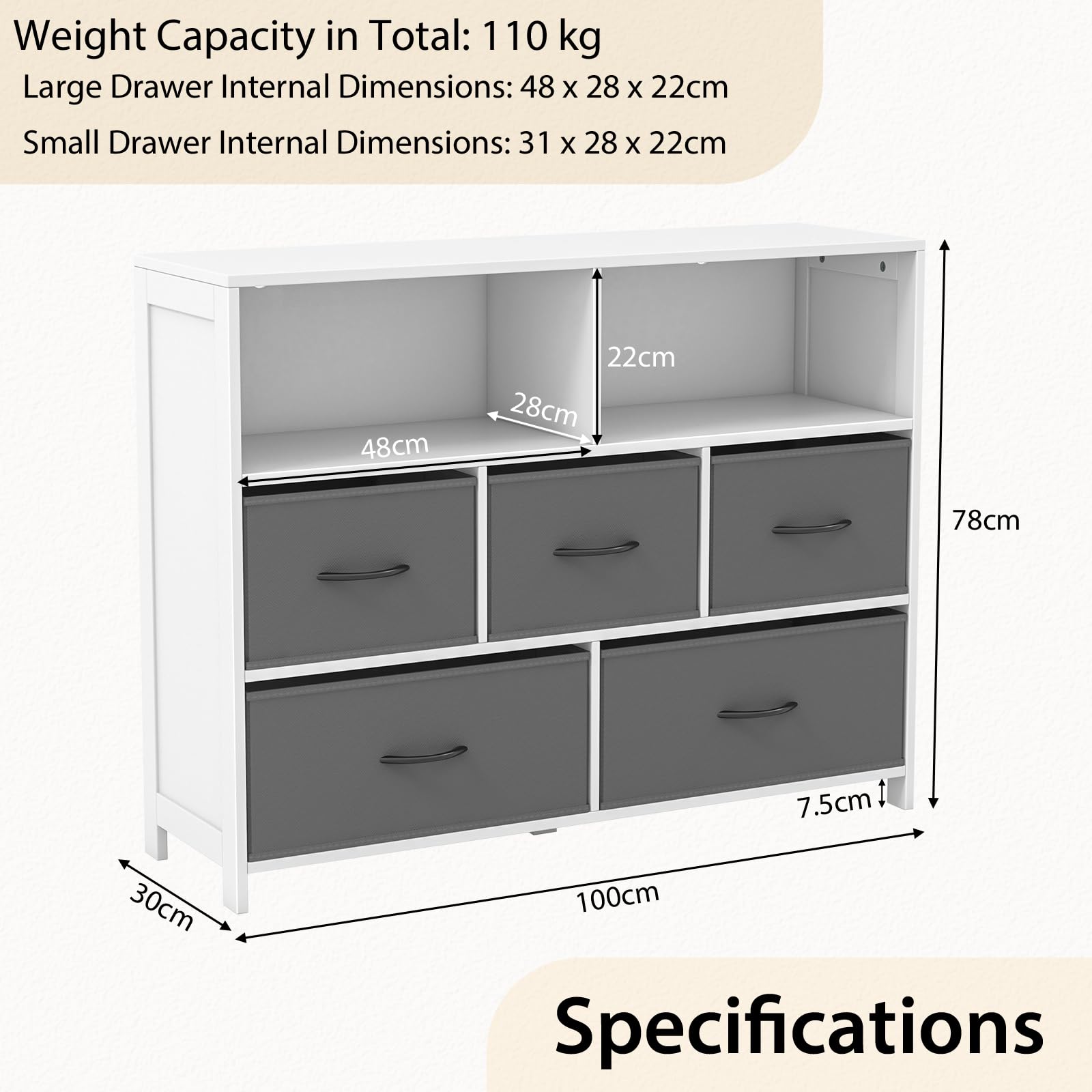 komfotteu-kommode-mit-5-schubladen-100-x-30-x-78-cm-mit-offenen-regalen image 3