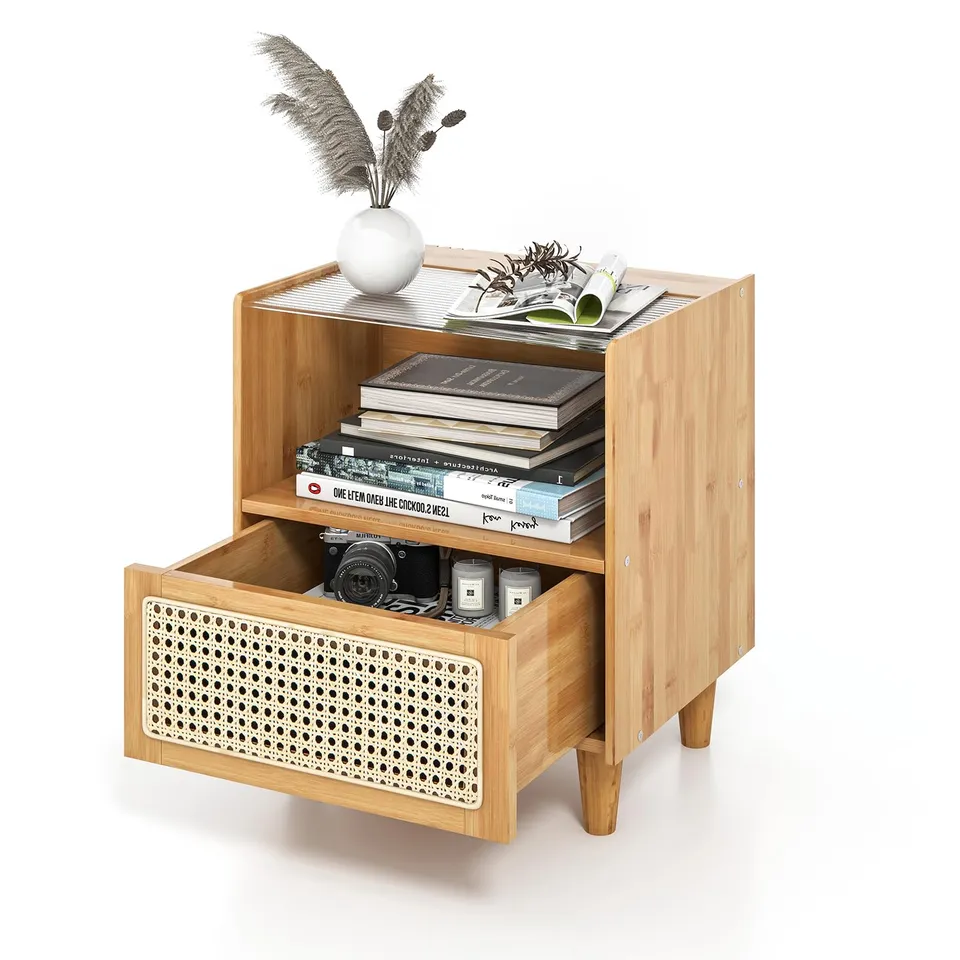 komfotteu-nachttisch-rattan-bambus-mit-schublade-glasplatte-43x35x50-cm-natur image 1